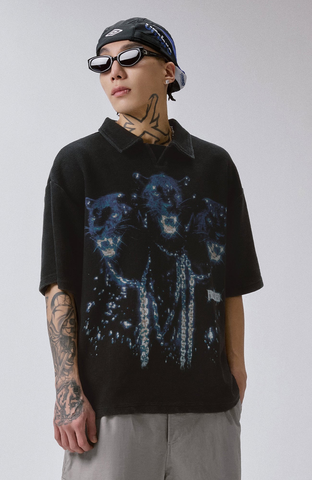 F2CE Distressed Waffle-Knit Graphic Polo, premium urban and streetwear designers apparel on PROJECTISR.com, F2CE