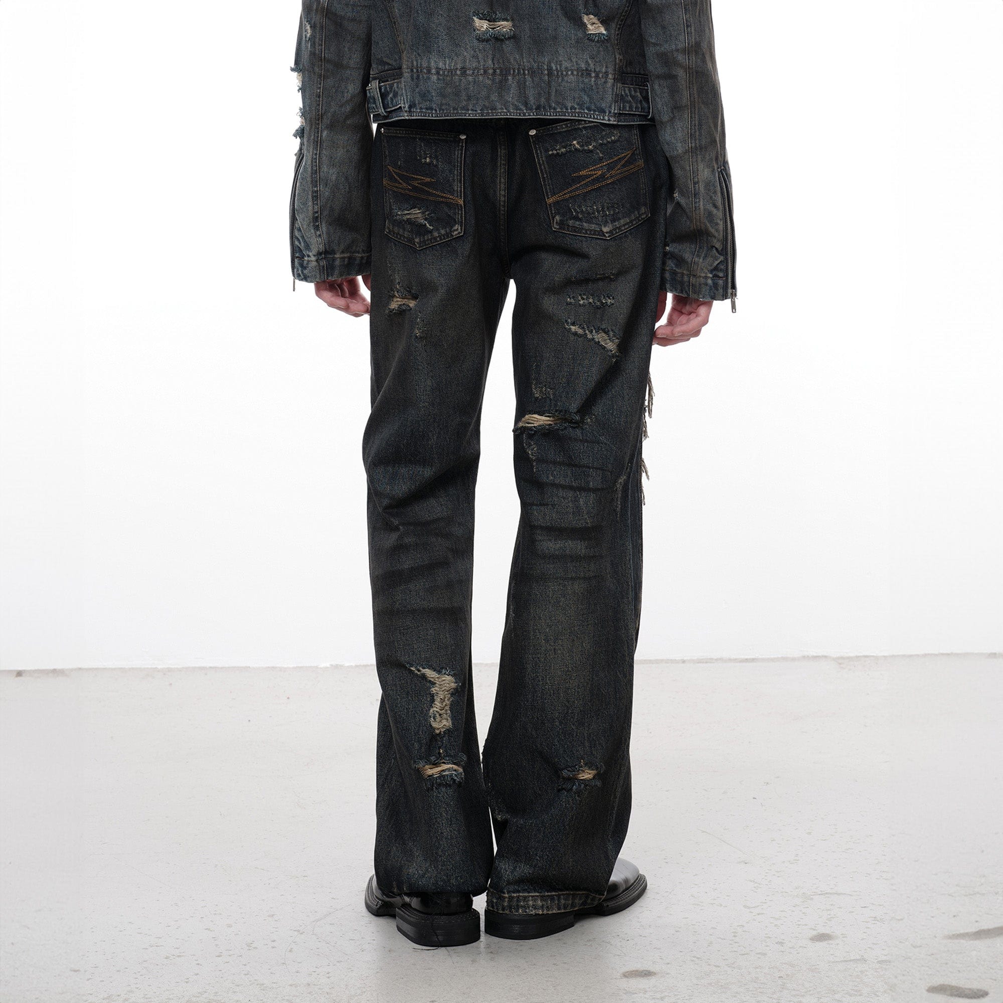 FACEONLAB Distressed Heavy Ripped Flared Jeans, premium urban and streetwear designers apparel on PROJECTISR.com, FACEONLAB