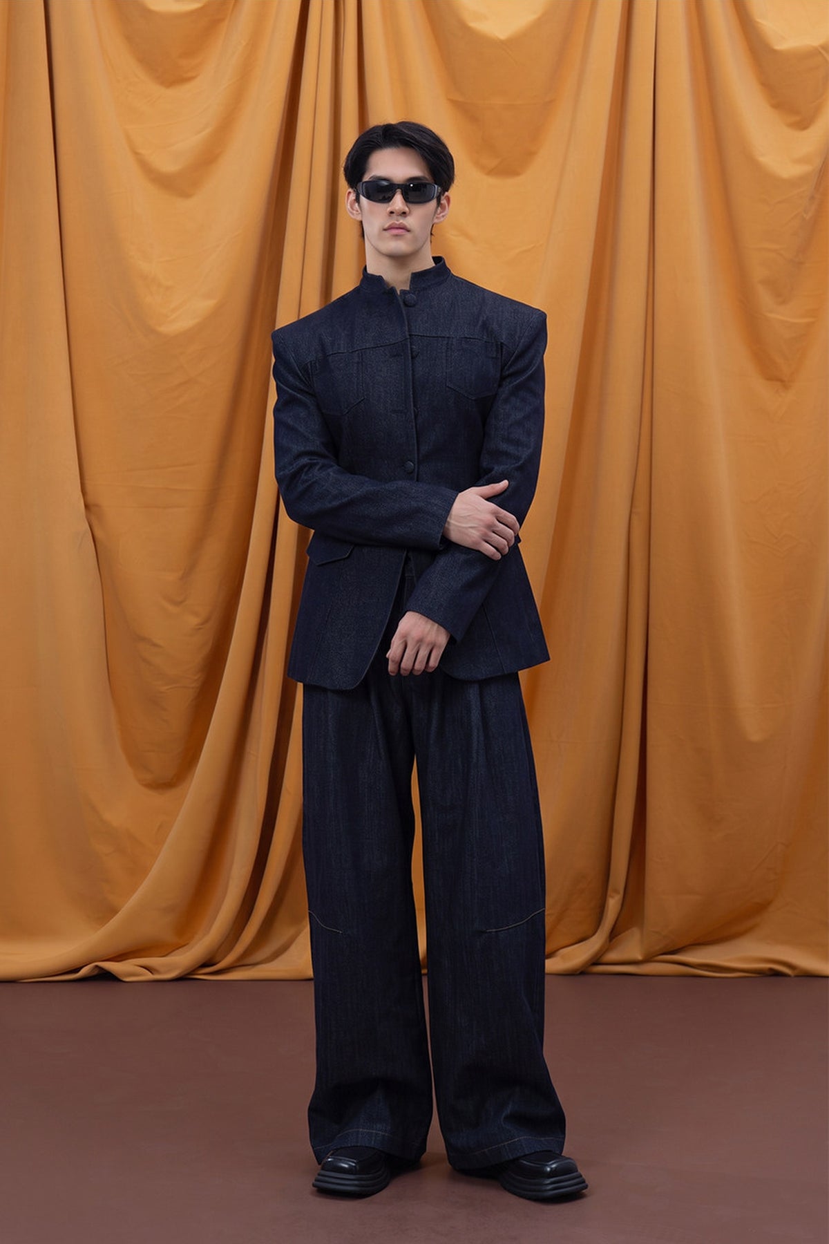 CLP Mandarin Collar Multi-Pocket Fitted Denim Jacket — full body