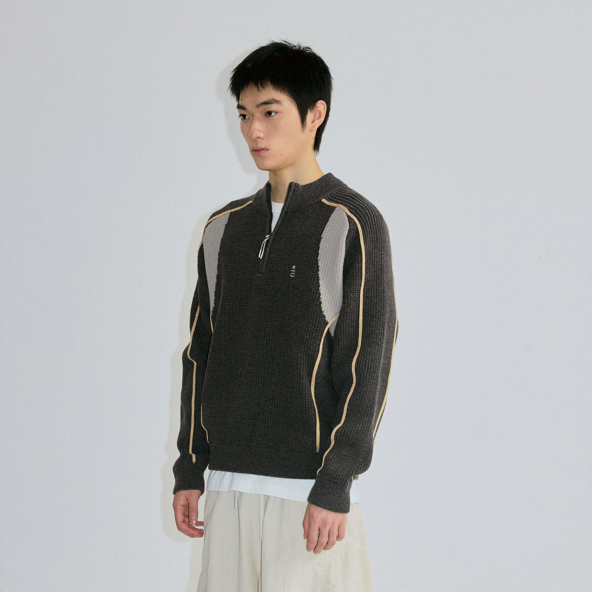 ROARINGWILD A ARCH Contrast Panel Raglan Half-Zip Sweater