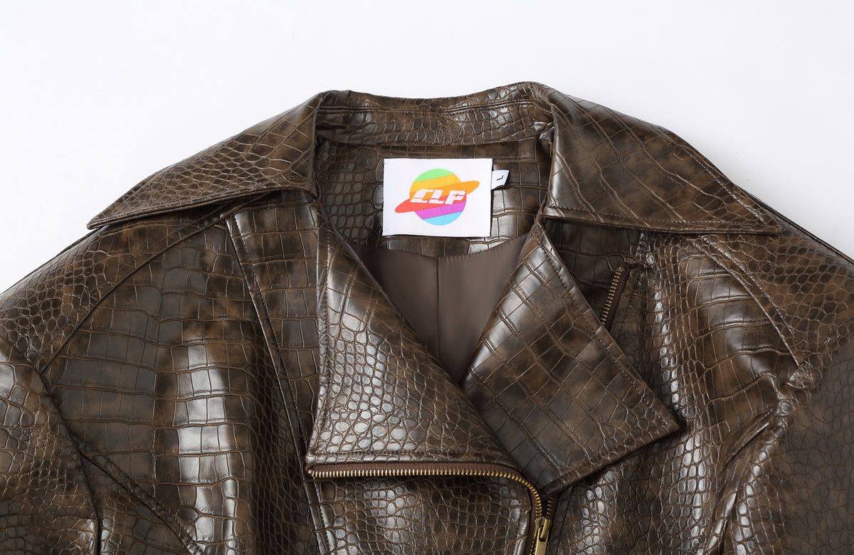 CLP Retro Croc-Embossed Cinched-Waist Biker Jacket