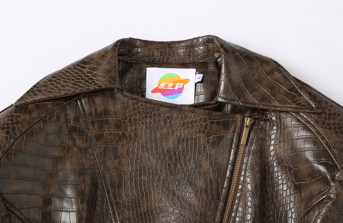 CLP Retro Croc-Embossed Cinched-Waist Biker Jacket