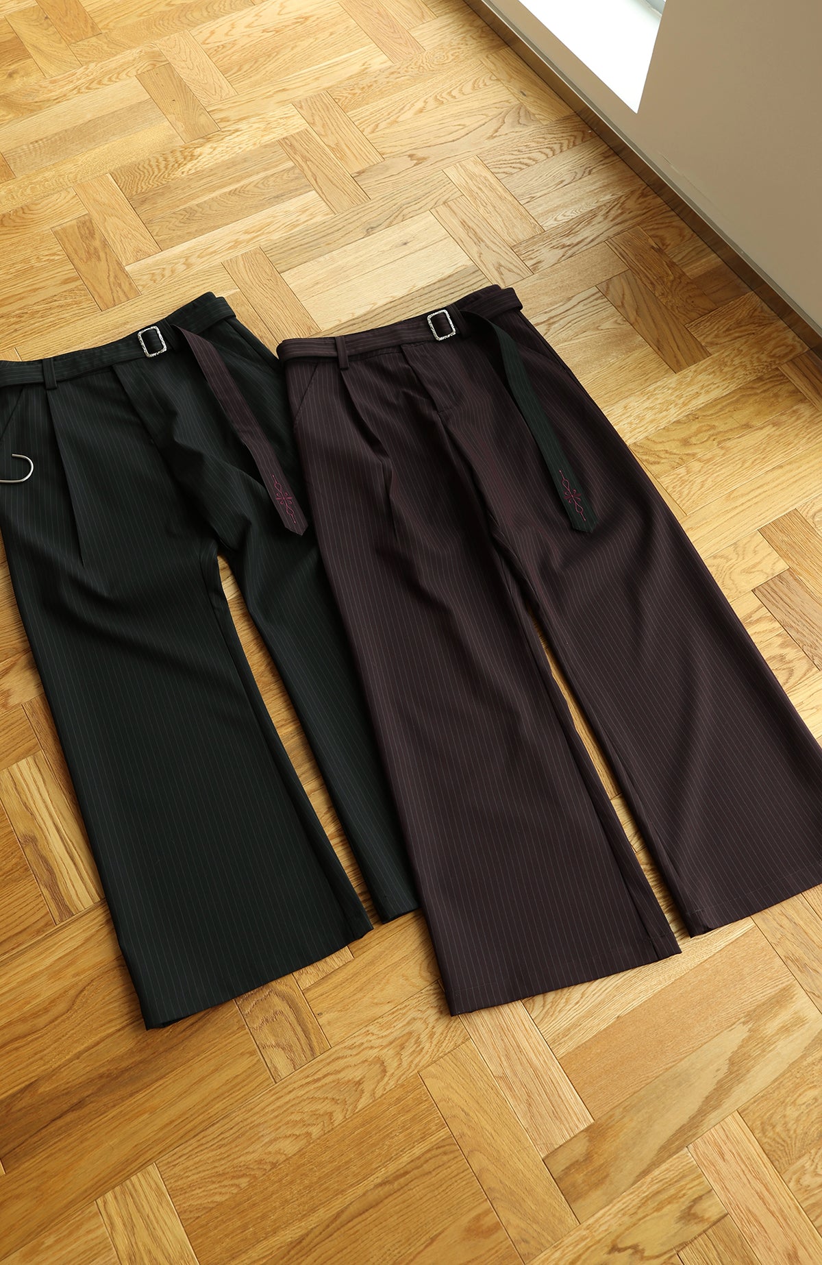 OKAYTHXBYE Striped Embroidered Belted Straight-Leg Trousers