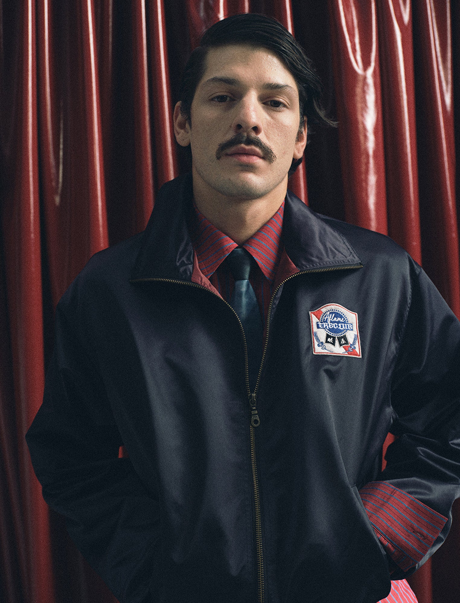 TRECLUB Retro Satin Badge-Patch Blouson, premium urban and streetwear designers apparel on PROJECTISR.com, TRECLUB