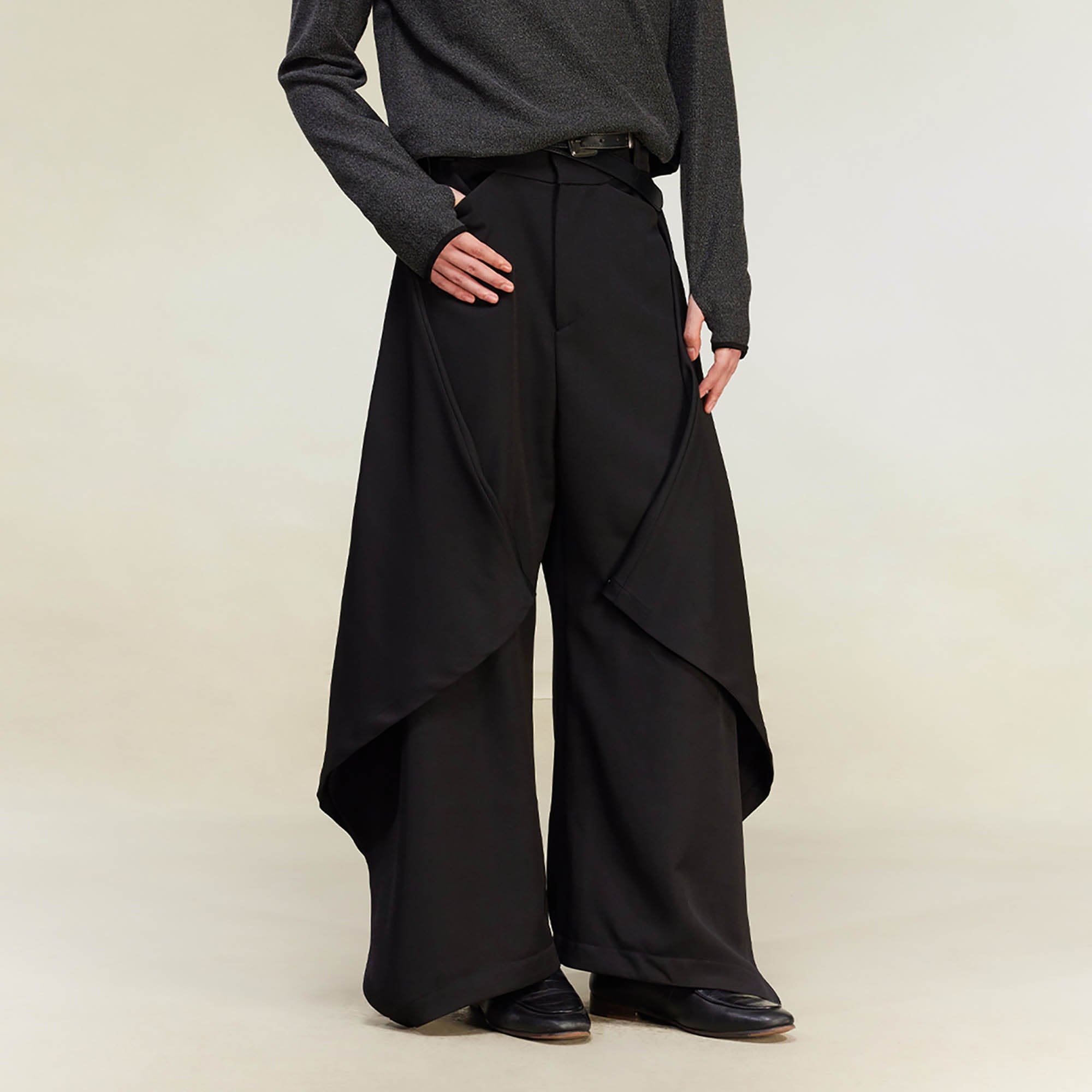 ALVNG AR ANTS Bat-Wing Draped Wide-Leg Pants, premium urban and streetwear designers apparel on PROJECTISR.com, ALVNG AR ANTS
