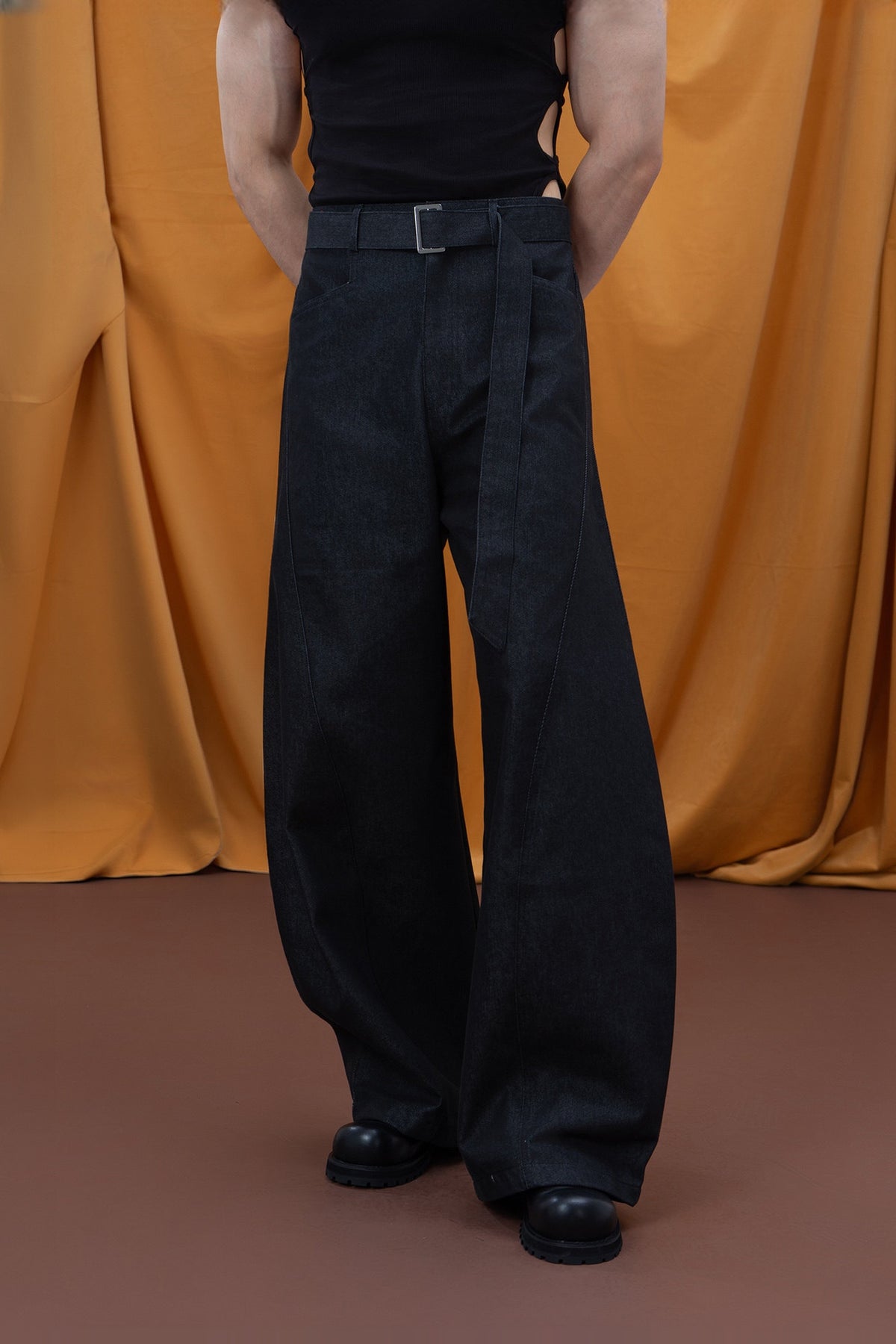 CLP Belted Wide-Leg Draped Trousers — half body