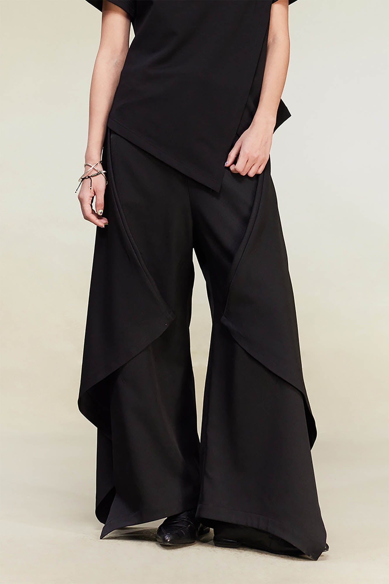 ALVNG AR ANTS Bat-Wing Draped Wide-Leg Pants, premium urban and streetwear designers apparel on PROJECTISR.com, ALVNG AR ANTS