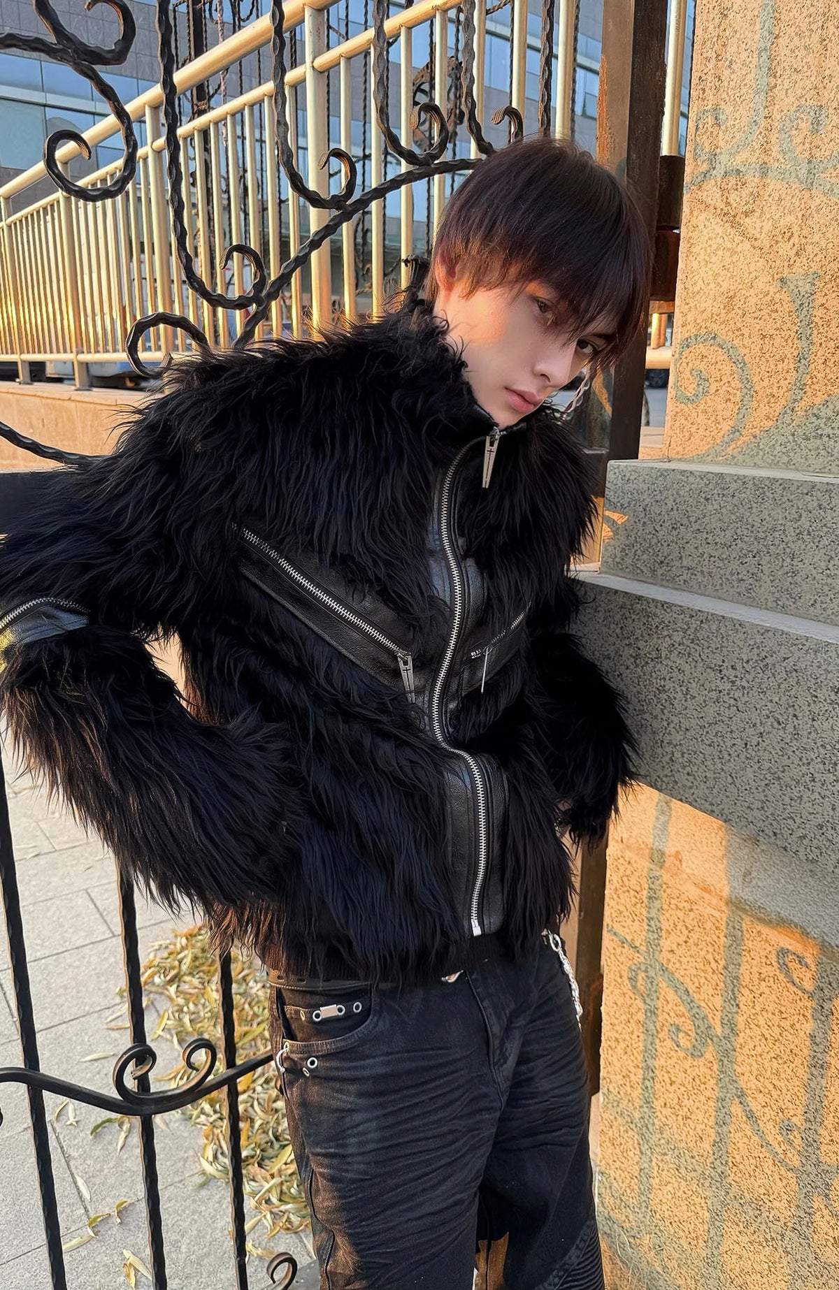 REBEL WAVE Faux Leather Zippered Faux Fur Jacket