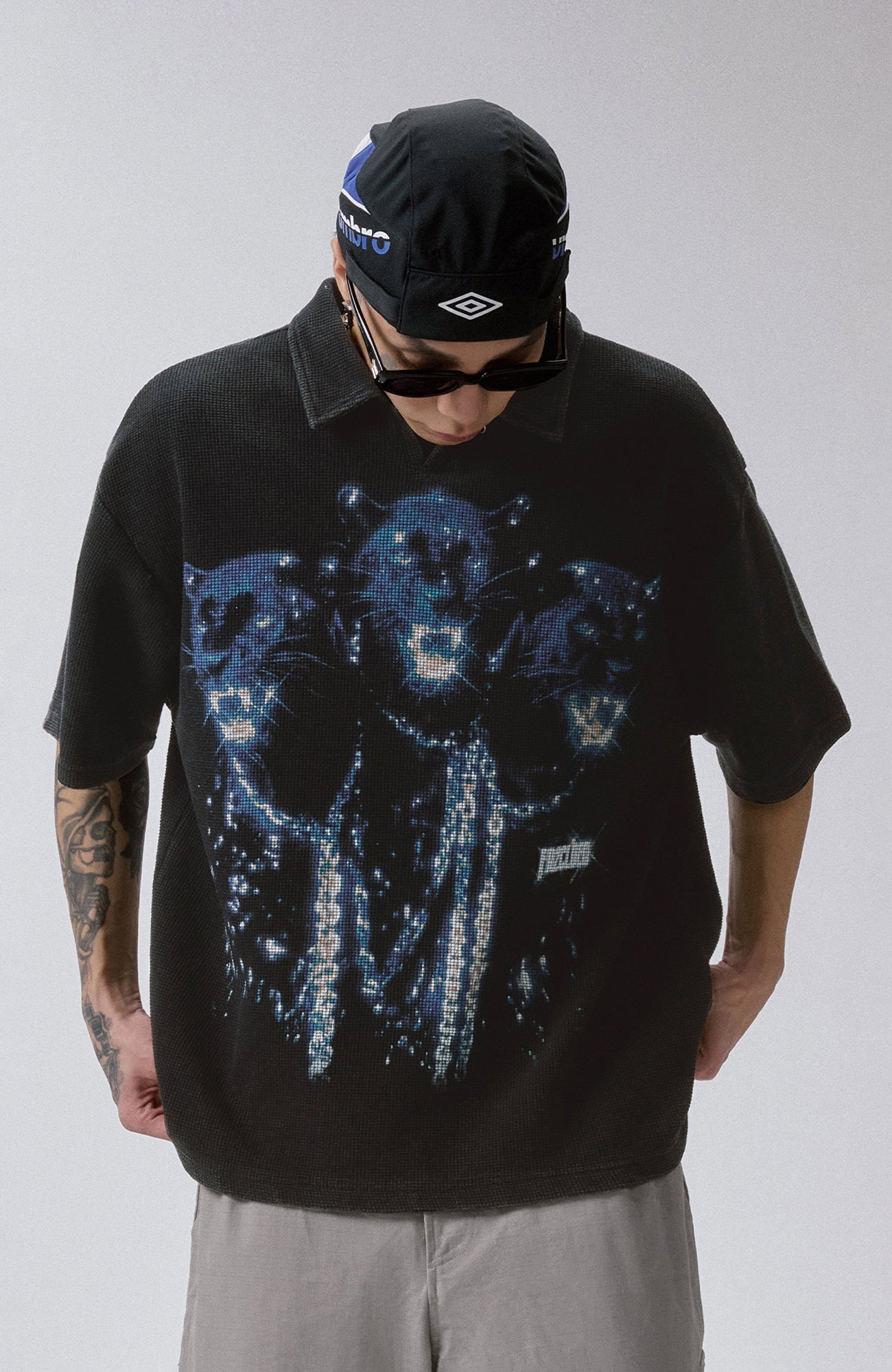 F2CE Distressed Waffle-Knit Graphic Polo, premium urban and streetwear designers apparel on PROJECTISR.com, F2CE