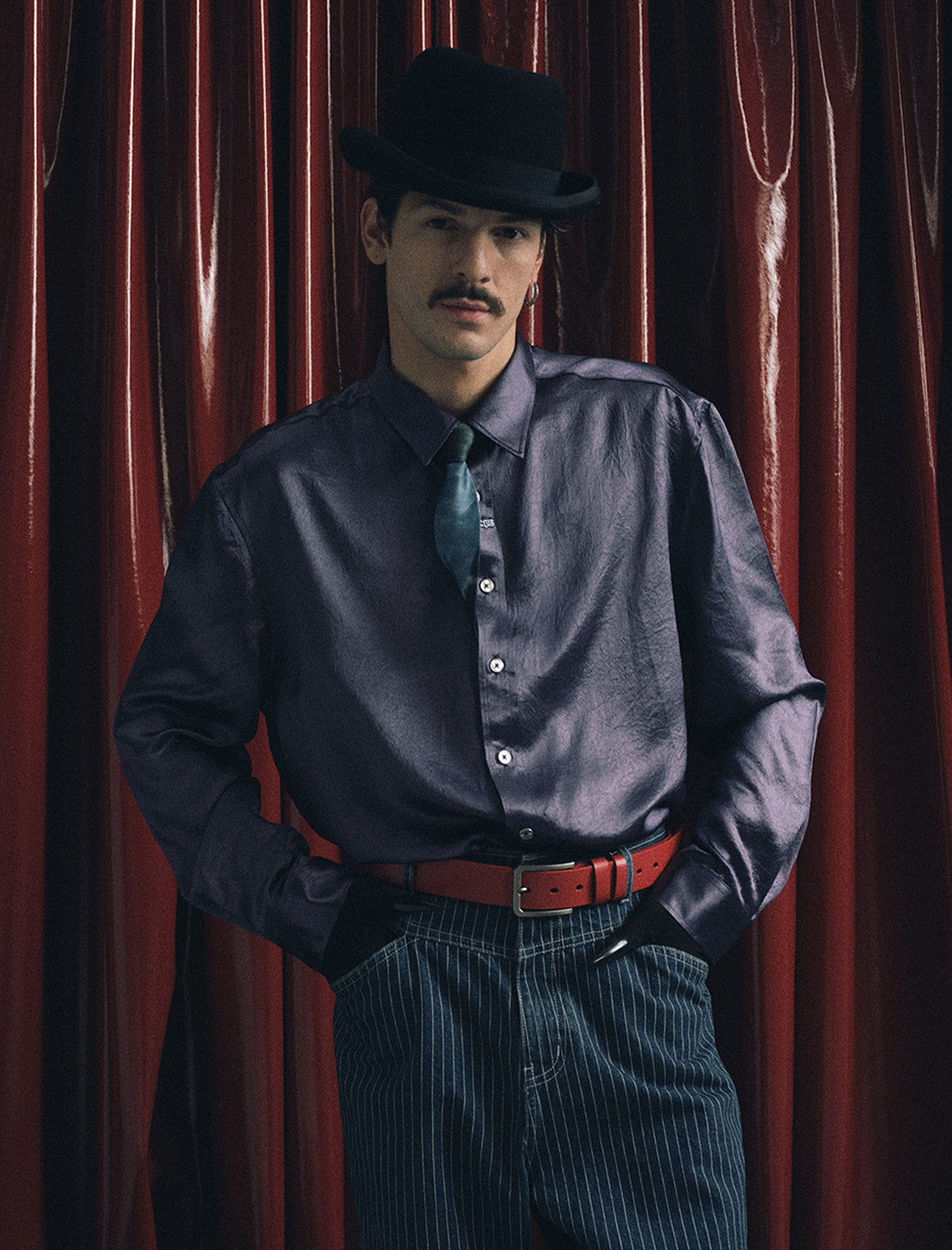 TRECLUB Glossy Embroidered-Placket Drapey Shirt