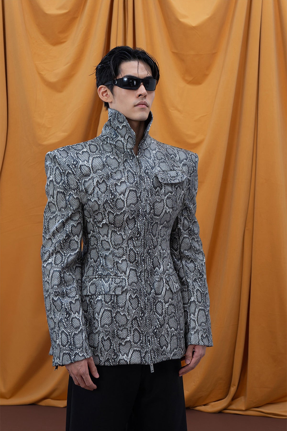 CLP Snake-Print Faux Leather Padded-Shoulder Blazer Jacket — half body