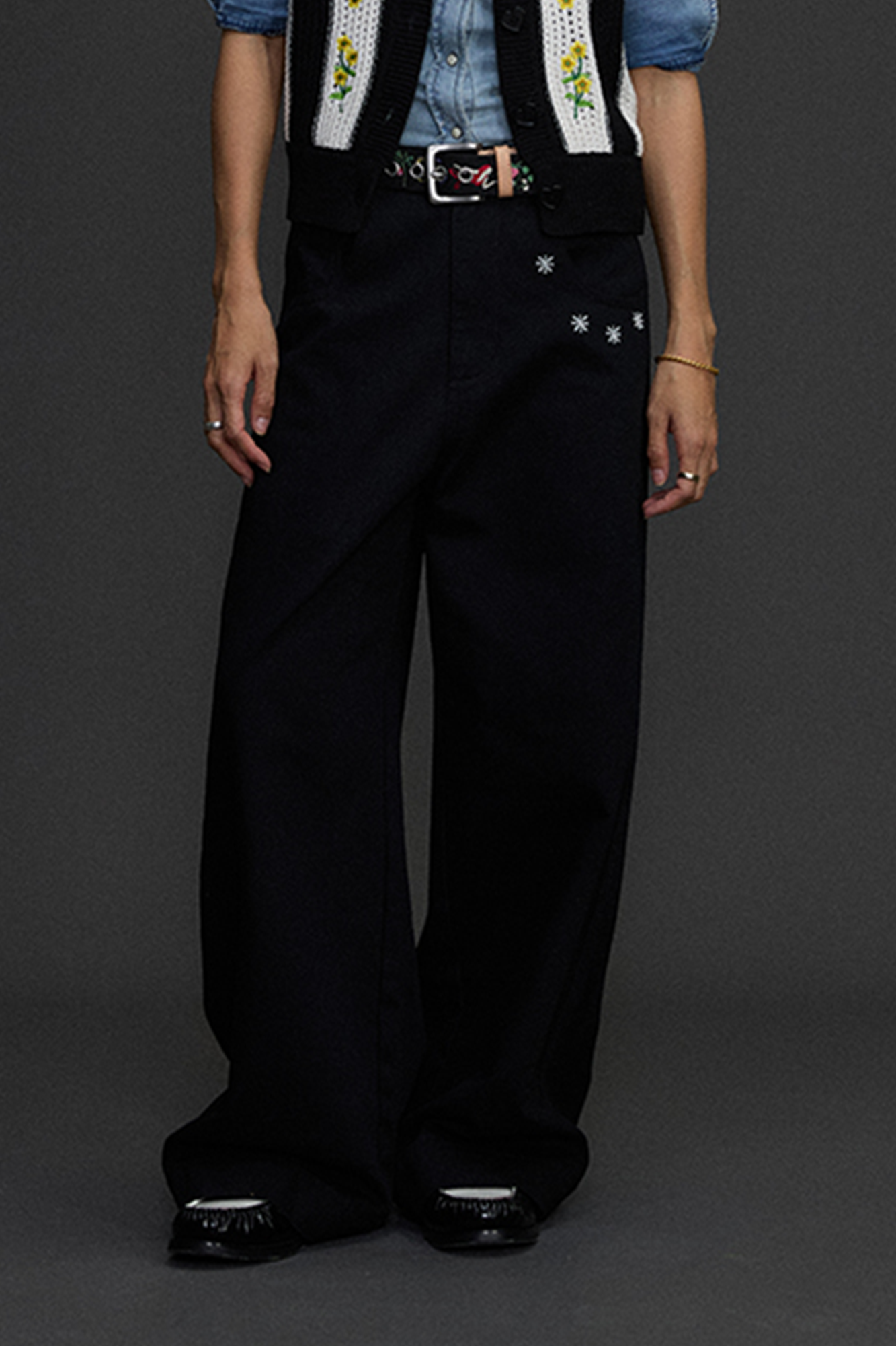 NIANJIUYIKOUER Embroidered Wide-Leg Twill Pants, premium urban and streetwear designers apparel on PROJECTISR.com, NIANJIUYIKOUER