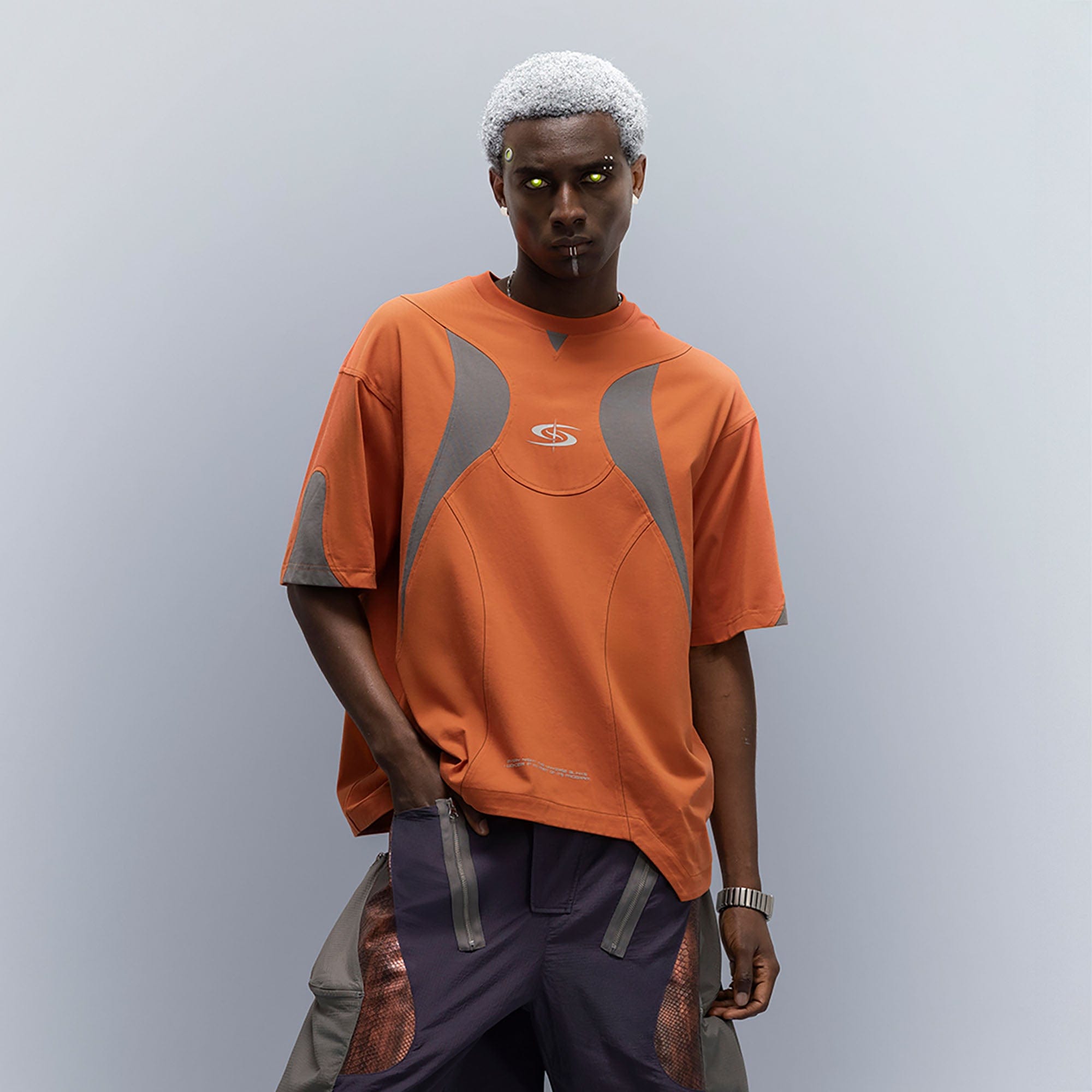 XIPHEVIL Curve Spliced Quick-Dry Sorona T-Shirt Orange, premium urban and streetwear designers apparel on PROJECTISR.com, XIPHEVIL