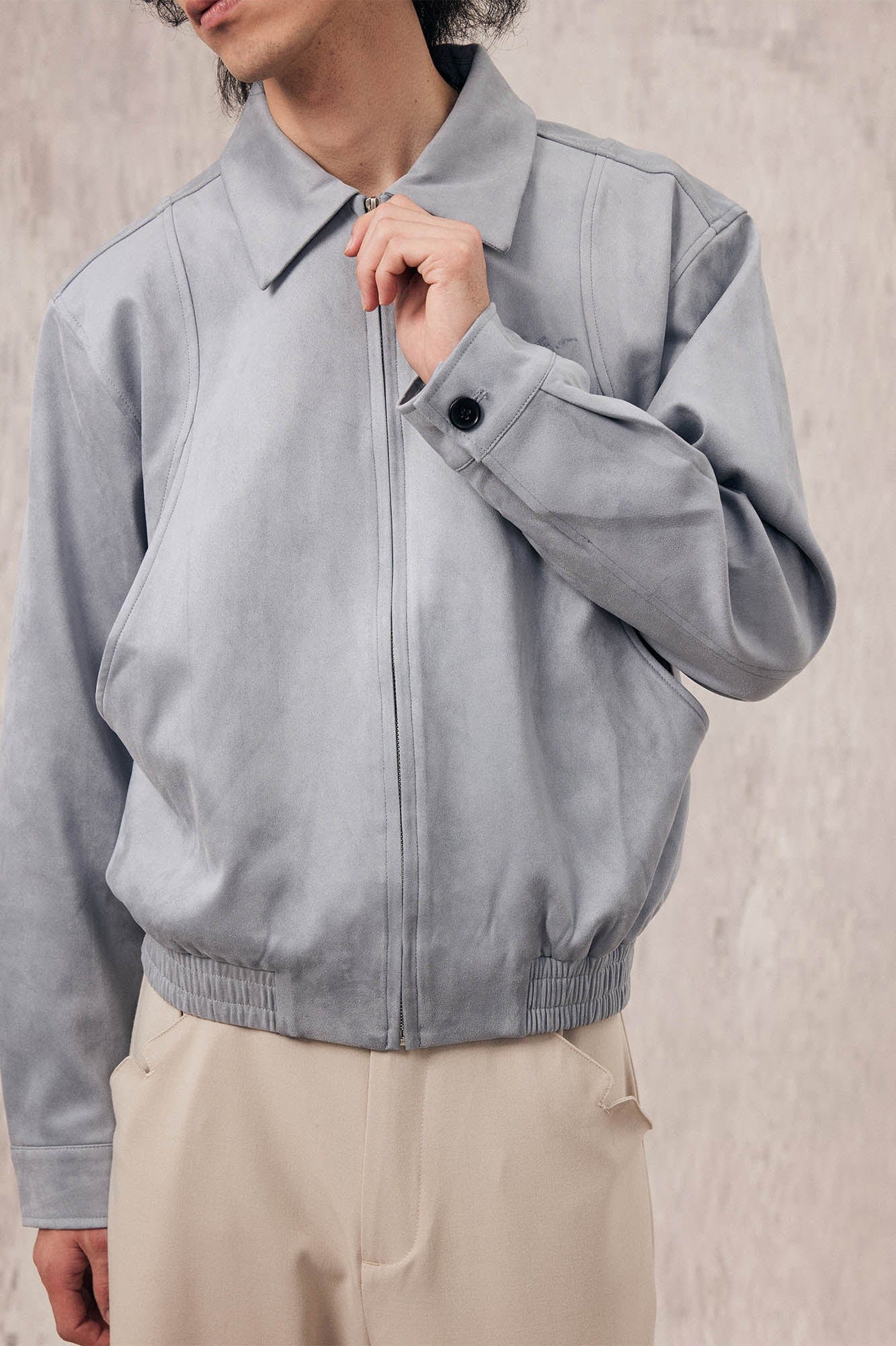 IN EXISTENCE Curved Spliced Smooth Harrington Jacket, premium urban and streetwear designers apparel on PROJECTISR.com, IN EXISTENCE