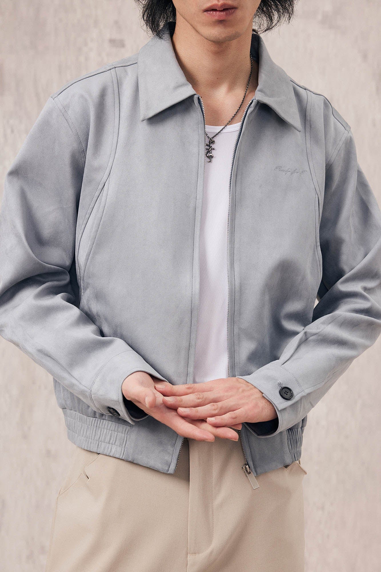 IN EXISTENCE Curved Spliced Smooth Harrington Jacket, premium urban and streetwear designers apparel on PROJECTISR.com, IN EXISTENCE
