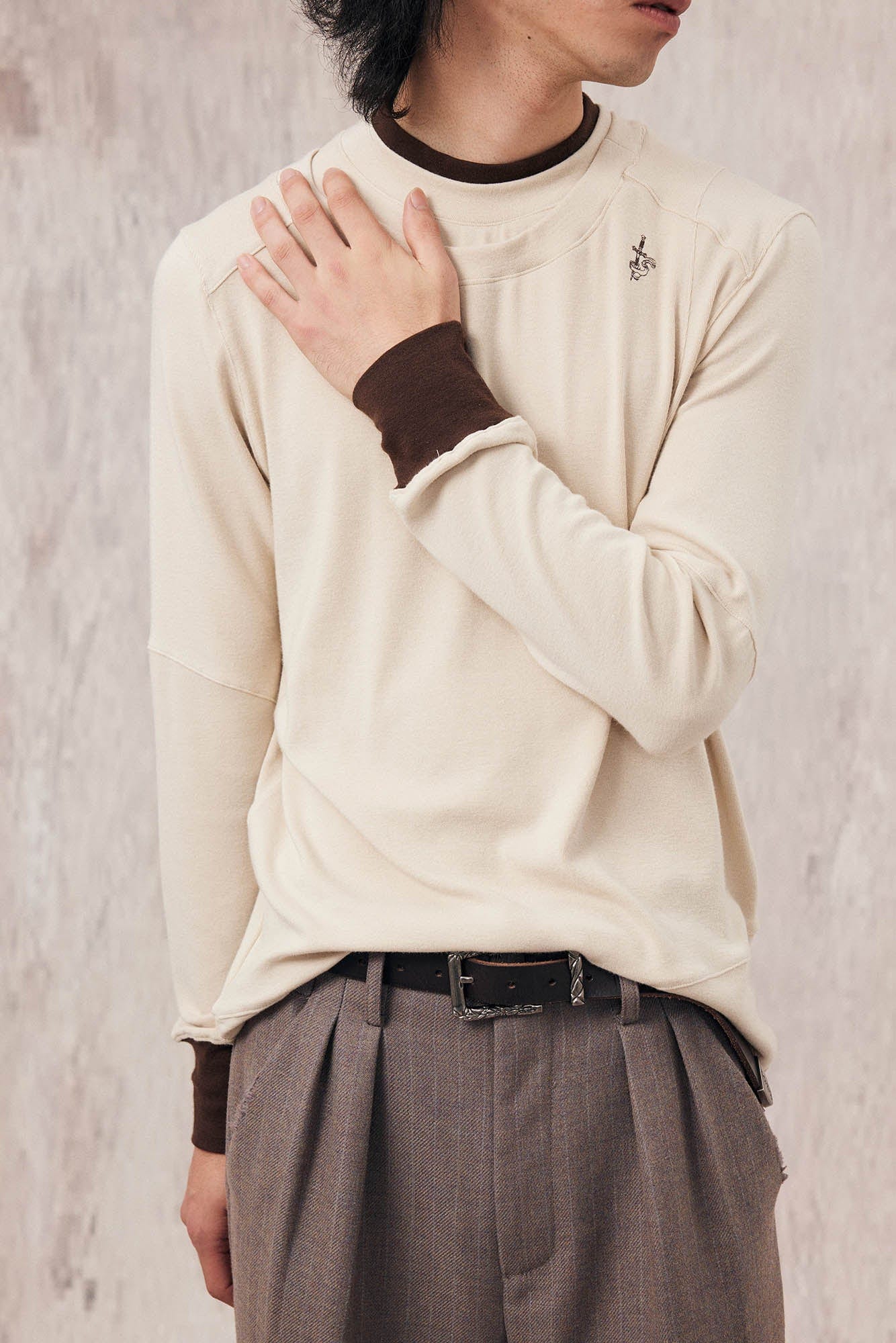IN EXISTENCE Layered Asymmetrical Neck Embroidered Long-Sleeve Tee, premium urban and streetwear designers apparel on PROJECTISR.com, IN EXISTENCE