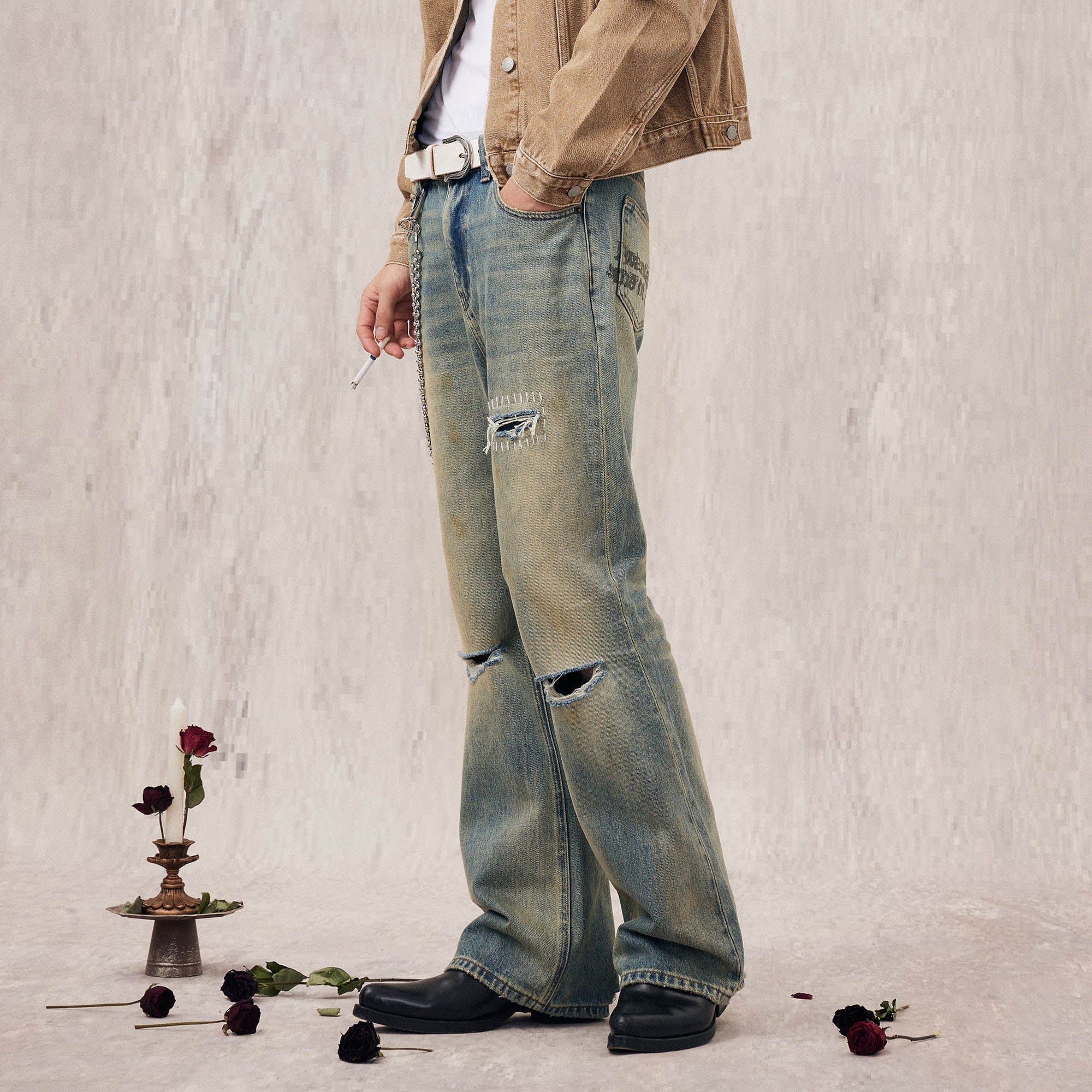 IN EXISTENCE Distressed Cut-Out Oversized Jeans, premium urban and streetwear designers apparel on PROJECTISR.com, IN EXISTENCE