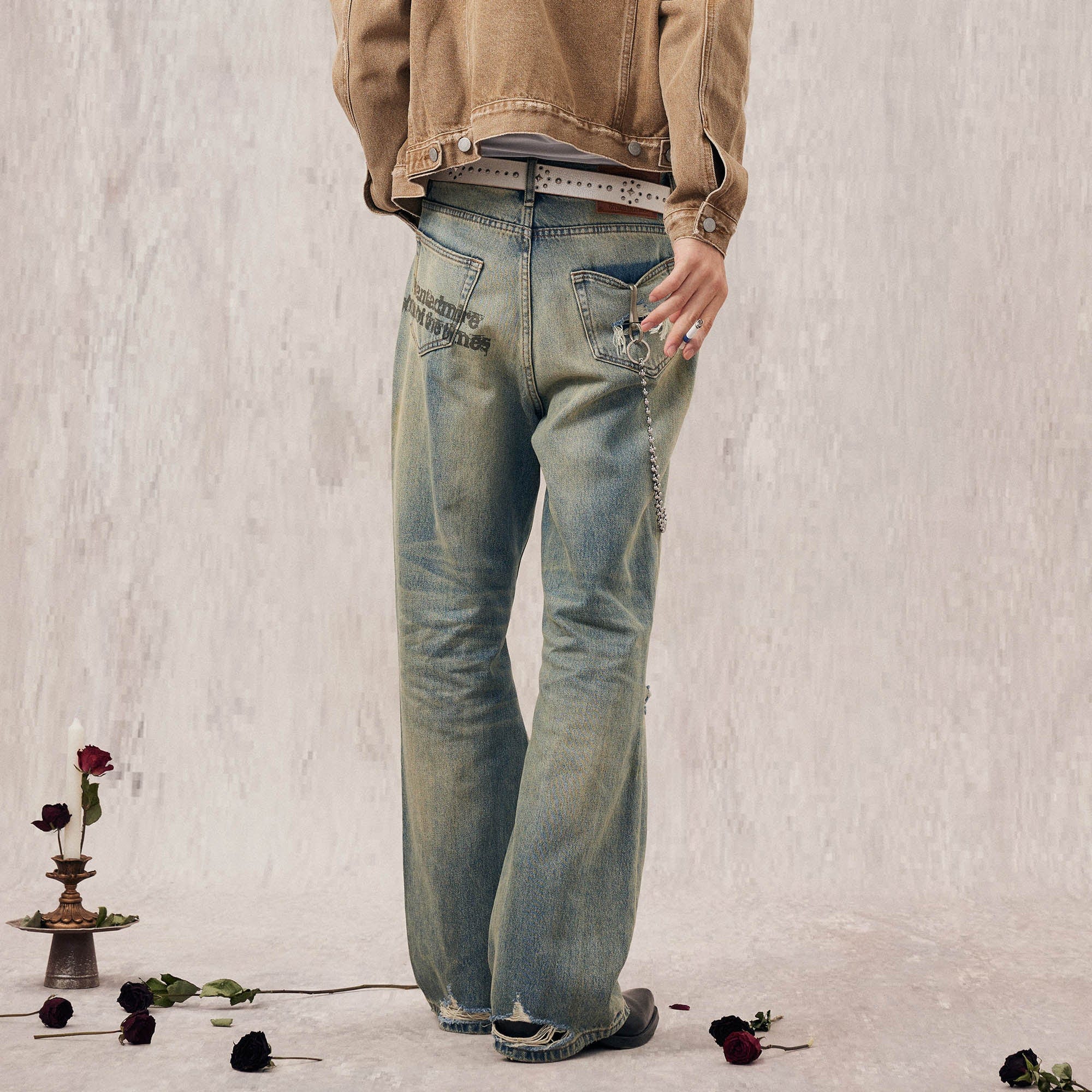IN EXISTENCE Distressed Cut-Out Oversized Jeans, premium urban and streetwear designers apparel on PROJECTISR.com, IN EXISTENCE