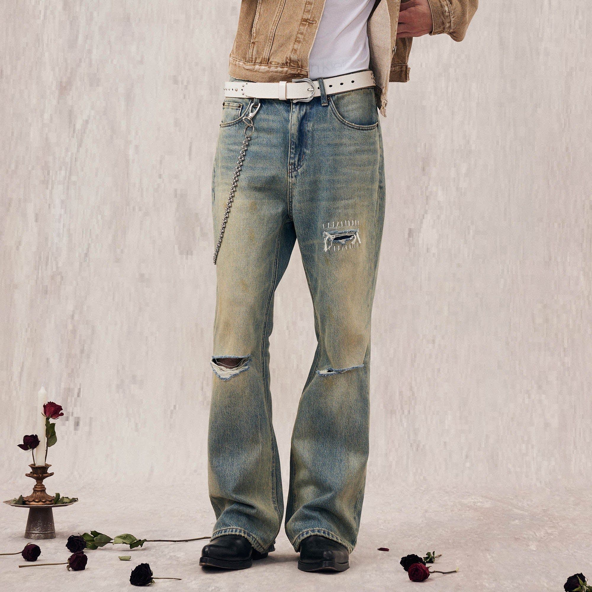 IN EXISTENCE Distressed Cut-Out Oversized Jeans, premium urban and streetwear designers apparel on PROJECTISR.com, IN EXISTENCE