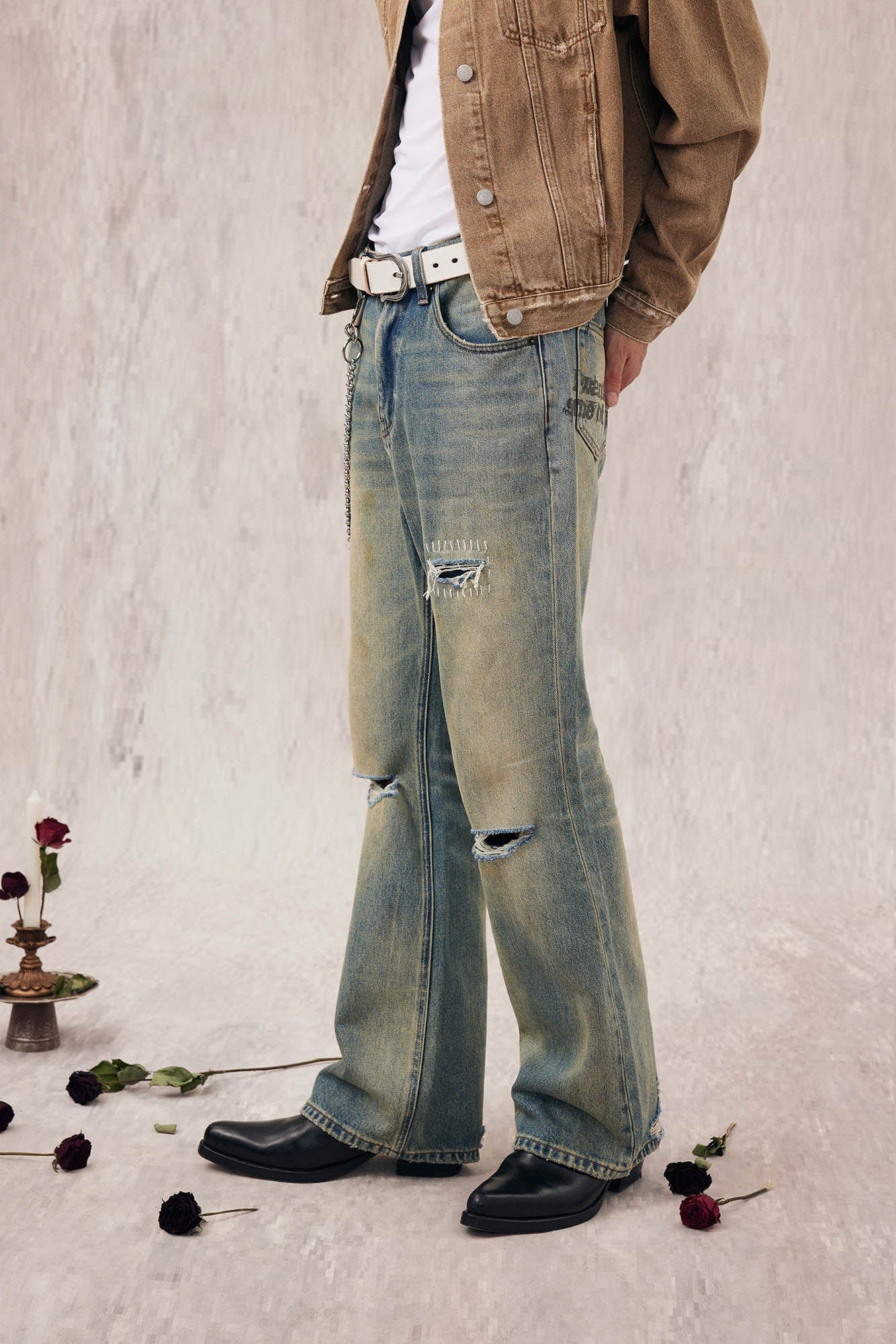 IN EXISTENCE Distressed Cut-Out Oversized Jeans, premium urban and streetwear designers apparel on PROJECTISR.com, IN EXISTENCE