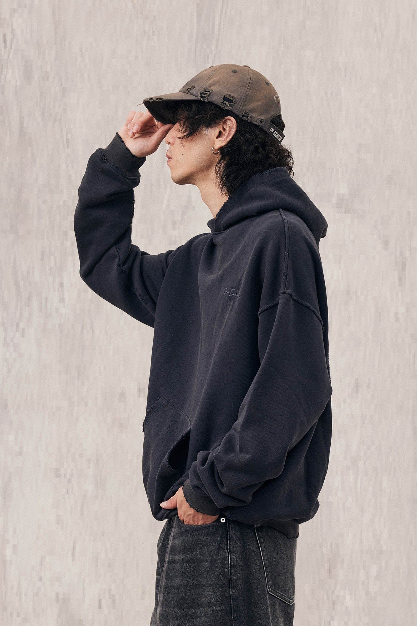 IN EXISTENCE Washed Frayed Graphic Hoodie, premium urban and streetwear designers apparel on PROJECTISR.com, IN EXISTENCE