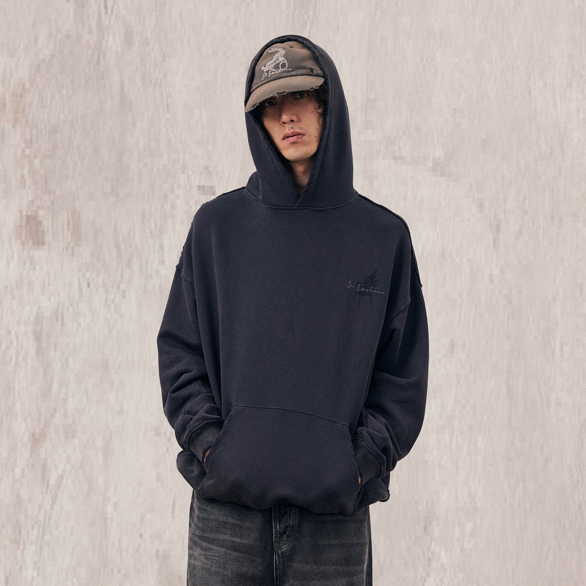 IN EXISTENCE Washed Frayed Graphic Hoodie, premium urban and streetwear designers apparel on PROJECTISR.com, IN EXISTENCE