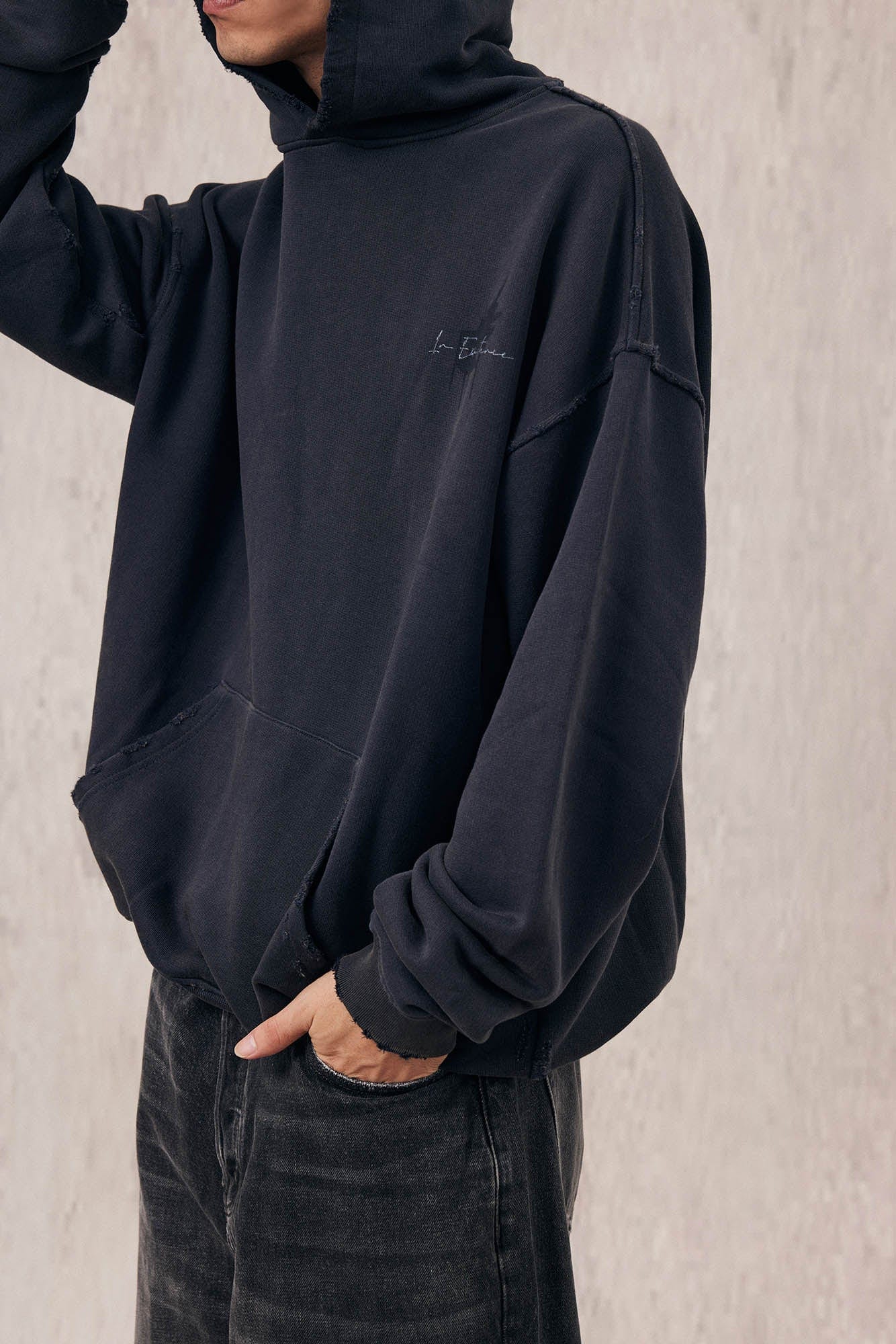 IN EXISTENCE Washed Frayed Graphic Hoodie, premium urban and streetwear designers apparel on PROJECTISR.com, IN EXISTENCE
