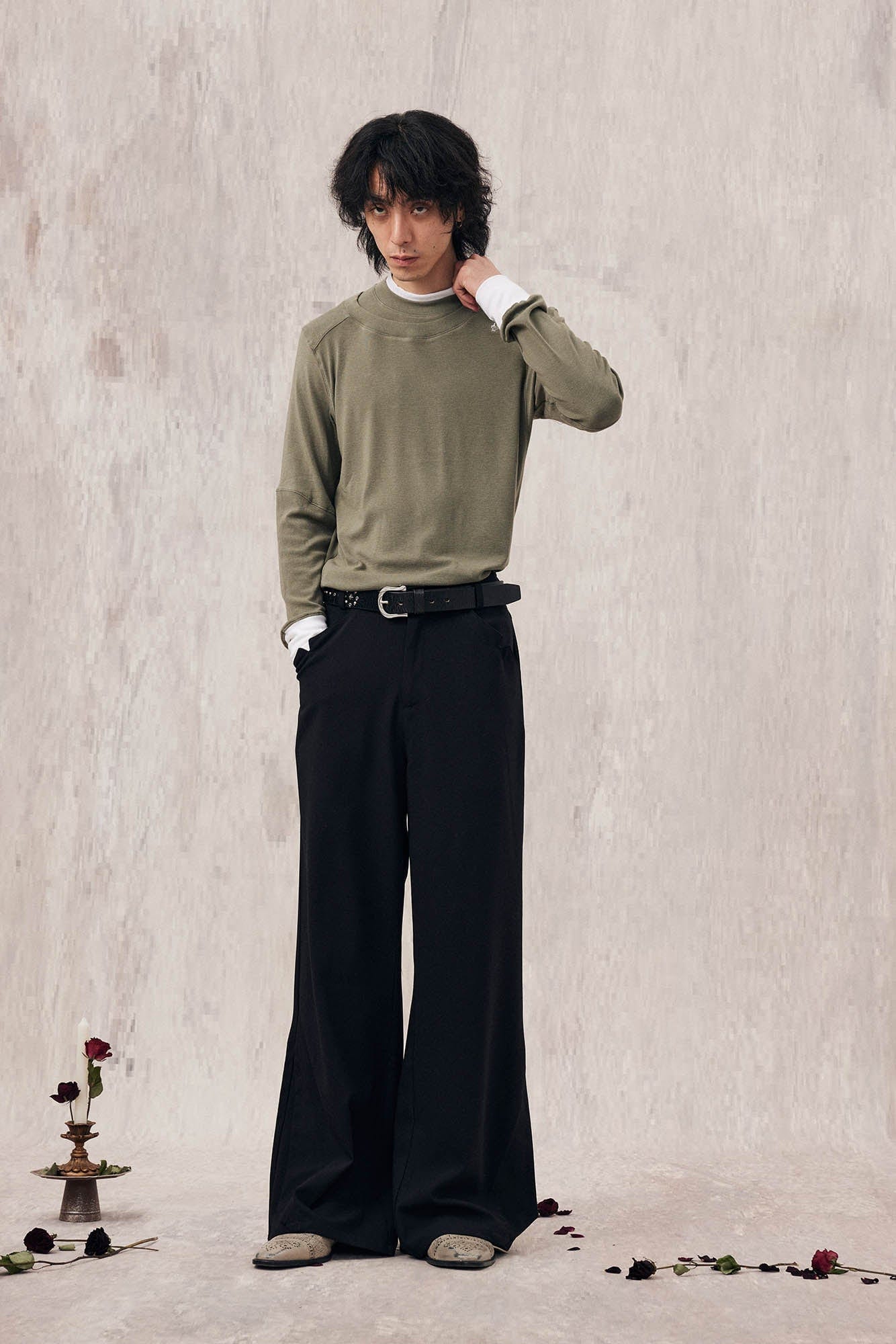 IN EXISTENCE Layered Asymmetrical Neck Embroidered Long-Sleeve Tee, premium urban and streetwear designers apparel on PROJECTISR.com, IN EXISTENCE