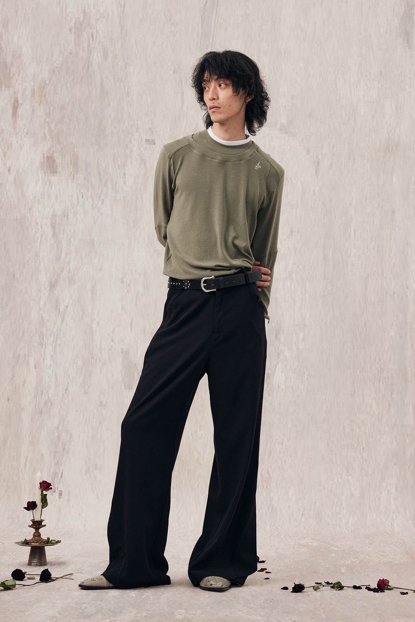 IN EXISTENCE Layered Asymmetrical Neck Embroidered Long-Sleeve Tee, premium urban and streetwear designers apparel on PROJECTISR.com, IN EXISTENCE