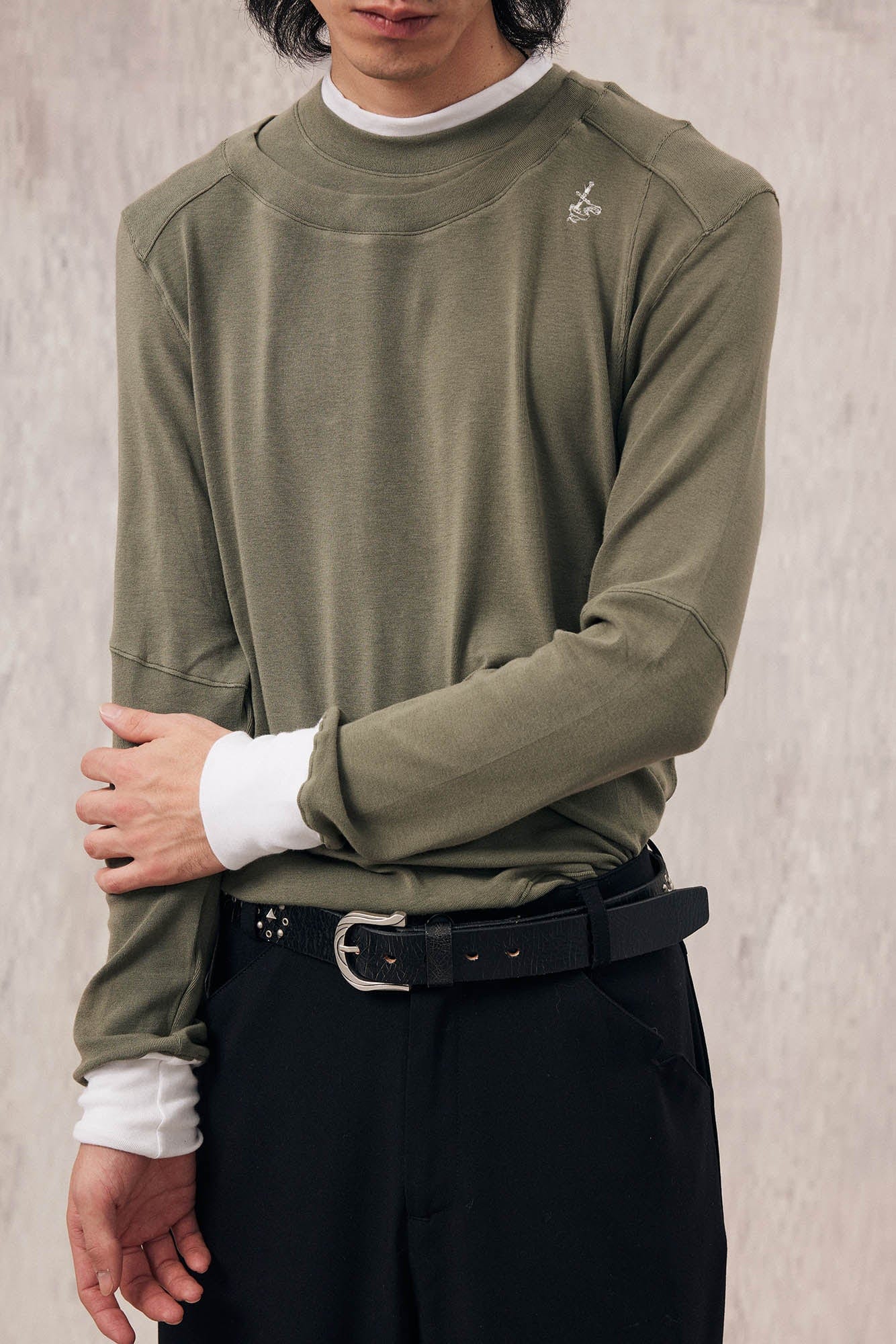 IN EXISTENCE Layered Asymmetrical Neck Embroidered Long-Sleeve Tee, premium urban and streetwear designers apparel on PROJECTISR.com, IN EXISTENCE