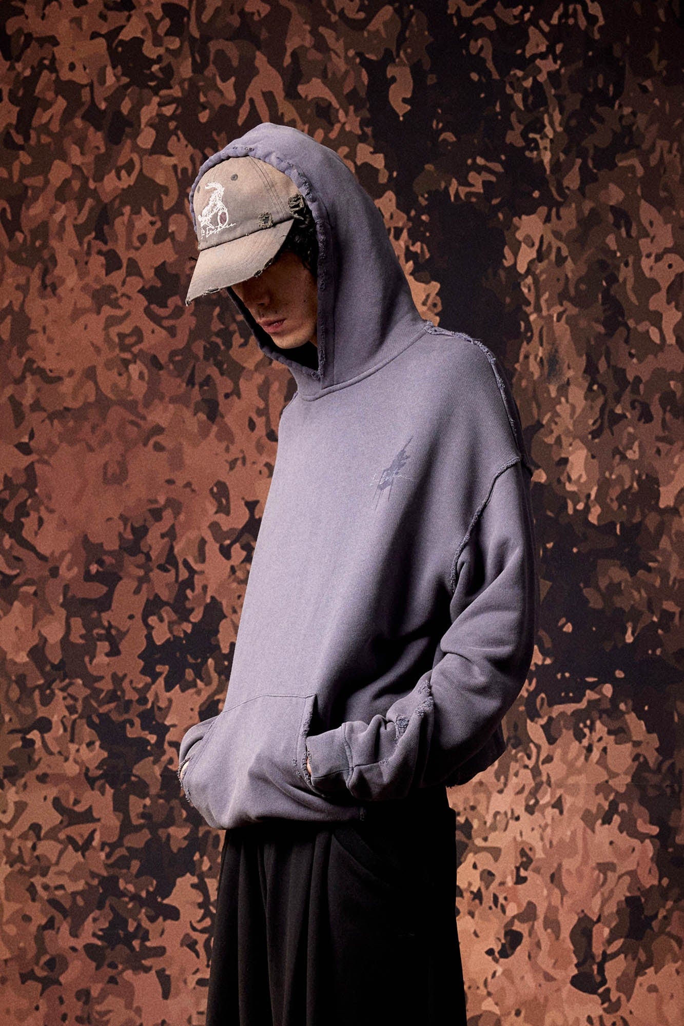 IN EXISTENCE Washed Frayed Graphic Hoodie, premium urban and streetwear designers apparel on PROJECTISR.com, IN EXISTENCE
