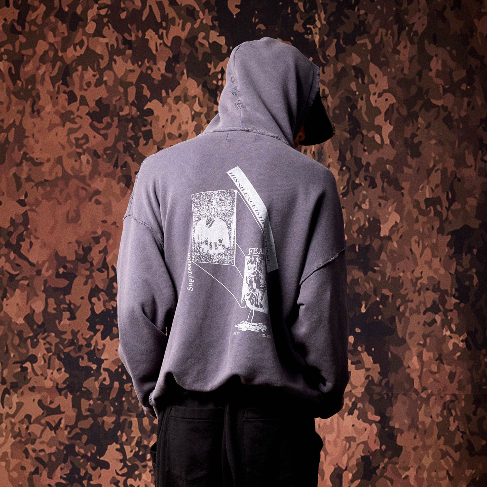 IN EXISTENCE Washed Frayed Graphic Hoodie, premium urban and streetwear designers apparel on PROJECTISR.com, IN EXISTENCE
