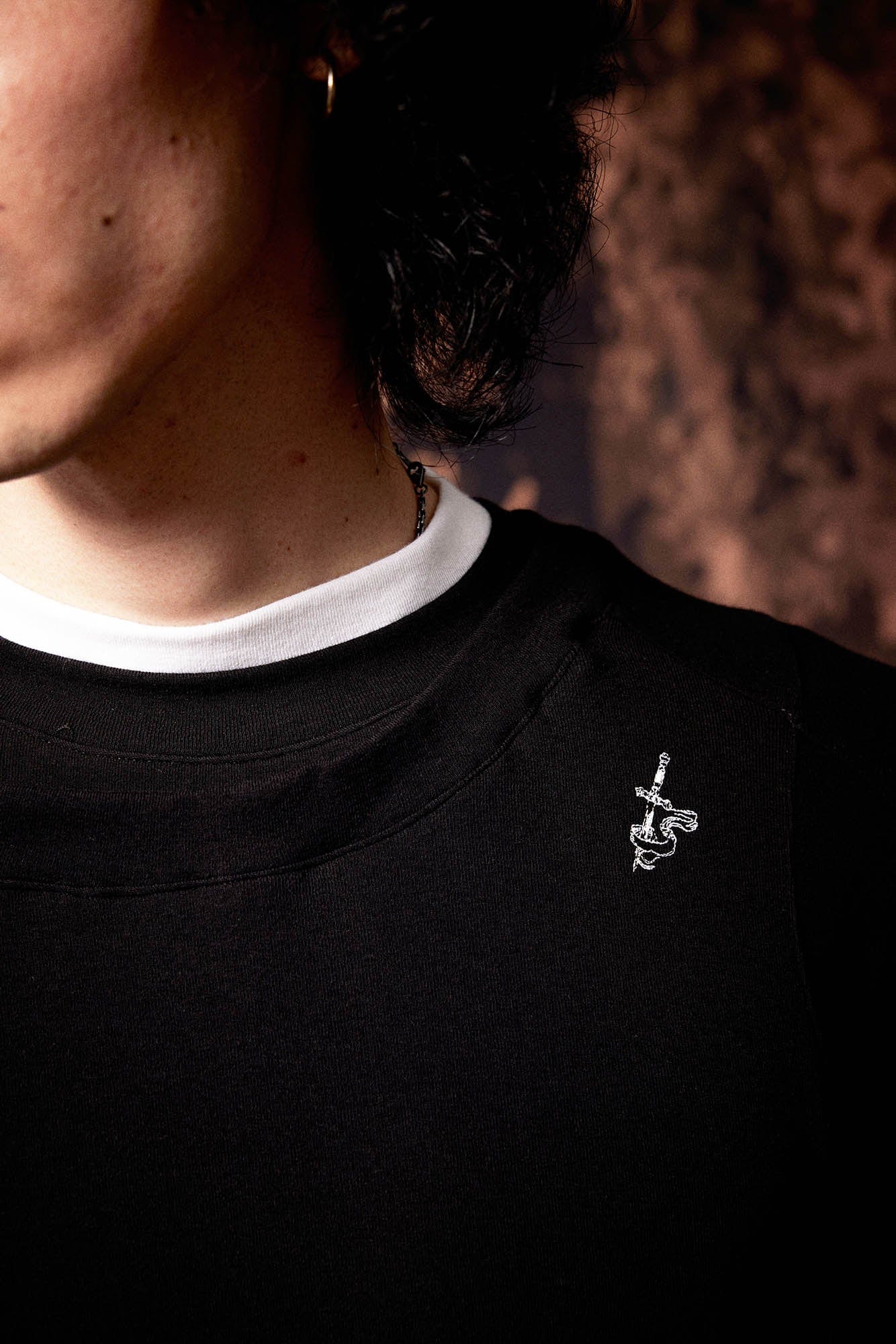 IN EXISTENCE Layered Asymmetrical Neck Embroidered Long-Sleeve Tee, premium urban and streetwear designers apparel on PROJECTISR.com, IN EXISTENCE