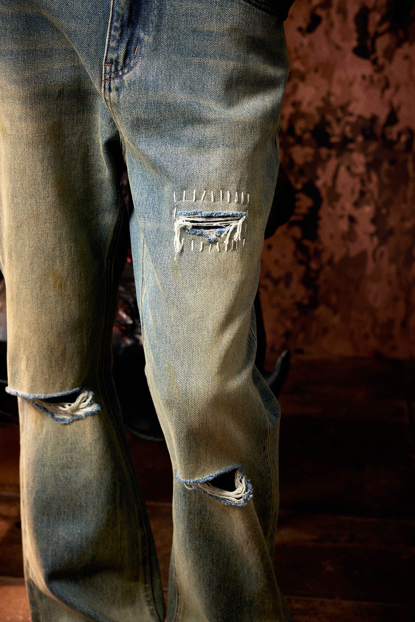IN EXISTENCE Distressed Cut-Out Oversized Jeans, premium urban and streetwear designers apparel on PROJECTISR.com, IN EXISTENCE