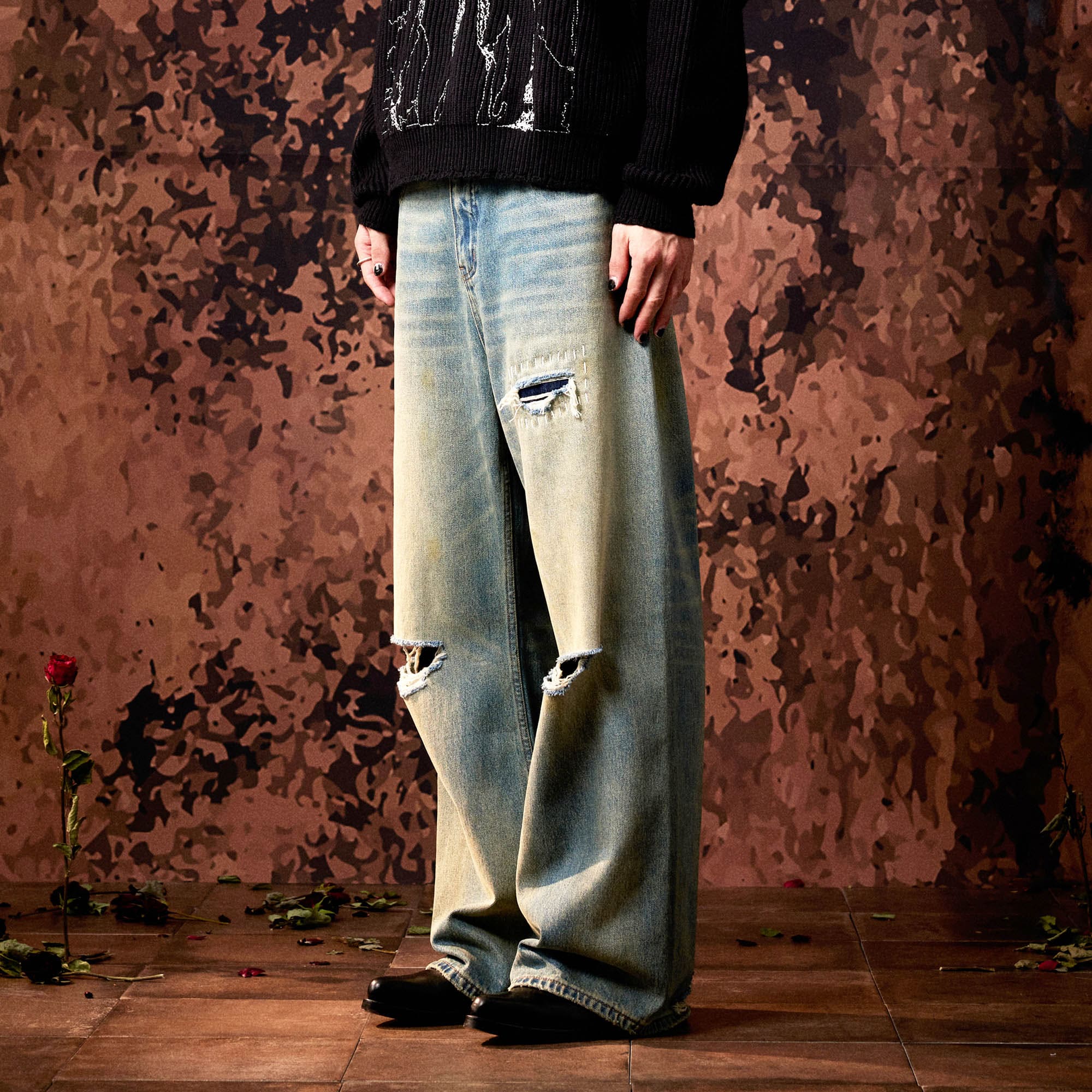 IN EXISTENCE Distressed Cut-Out Oversized Jeans, premium urban and streetwear designers apparel on PROJECTISR.com, IN EXISTENCE