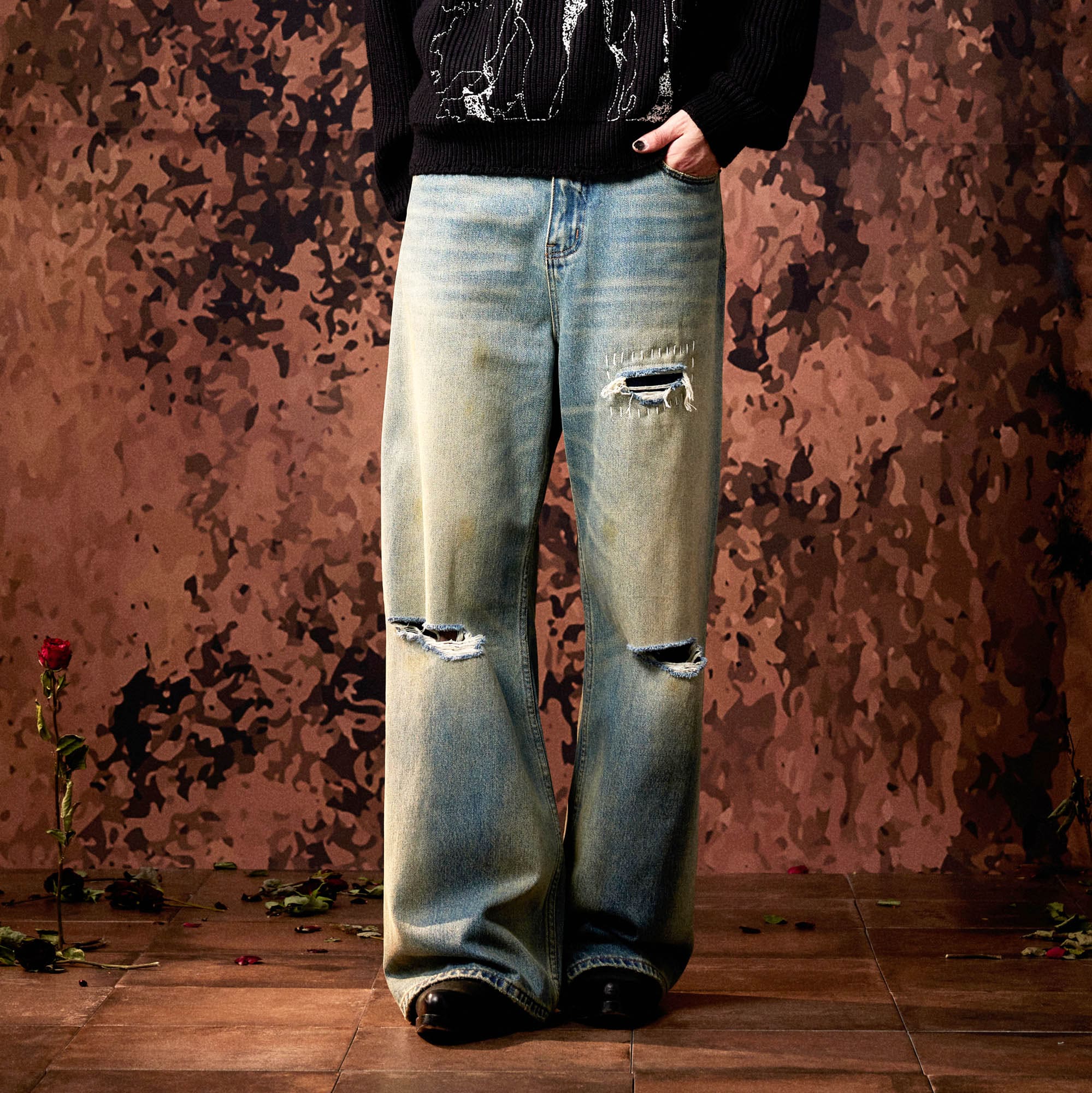 IN EXISTENCE Distressed Cut-Out Oversized Jeans, premium urban and streetwear designers apparel on PROJECTISR.com, IN EXISTENCE