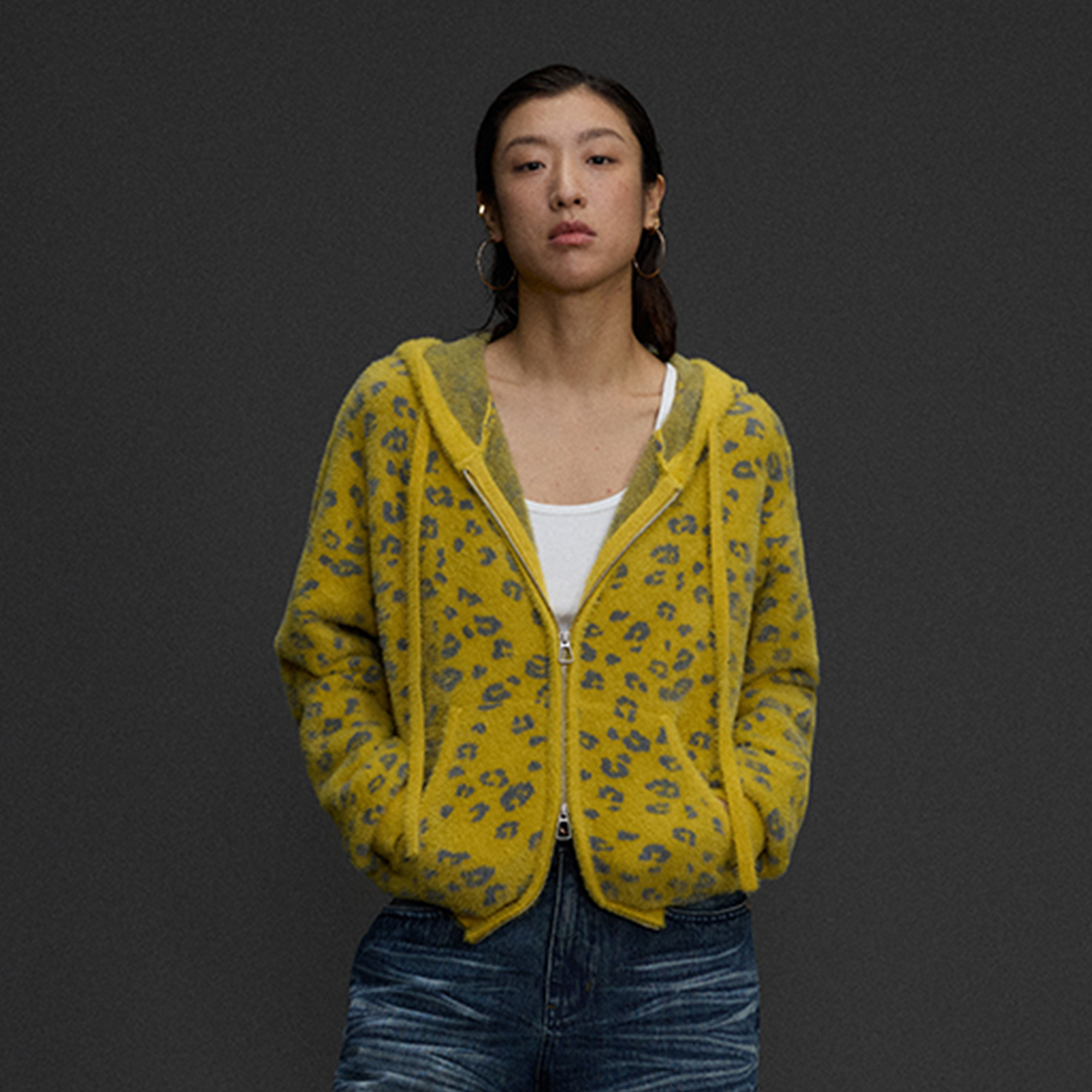 NIANJIUYIKOUER Fuzzy Leopard Jacquard Zip-Up Hoodie Cardigan, premium urban and streetwear designers apparel on PROJECTISR.com, NIANJIUYIKOUER