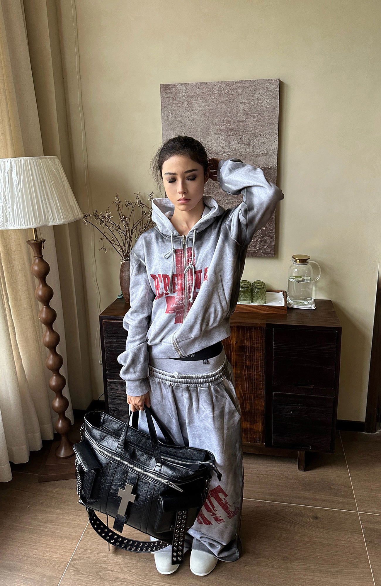 REBEL WAVE Dirty Wash Cross Graphic Zip-Up Hoodie