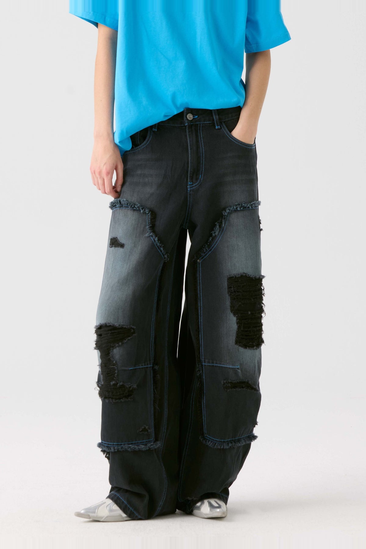 HAHAHA STUDIOS Distressed Washed Wide-Leg Jeans — half body