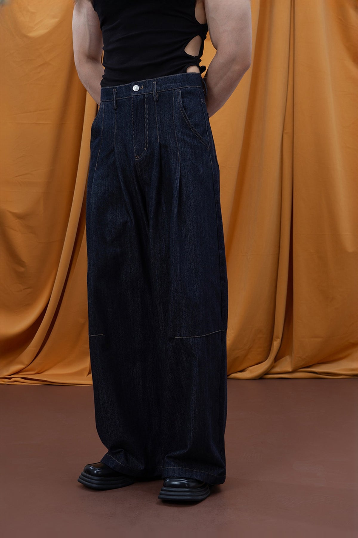 CLP Pleated Washed Wide-Leg Jeans — half body