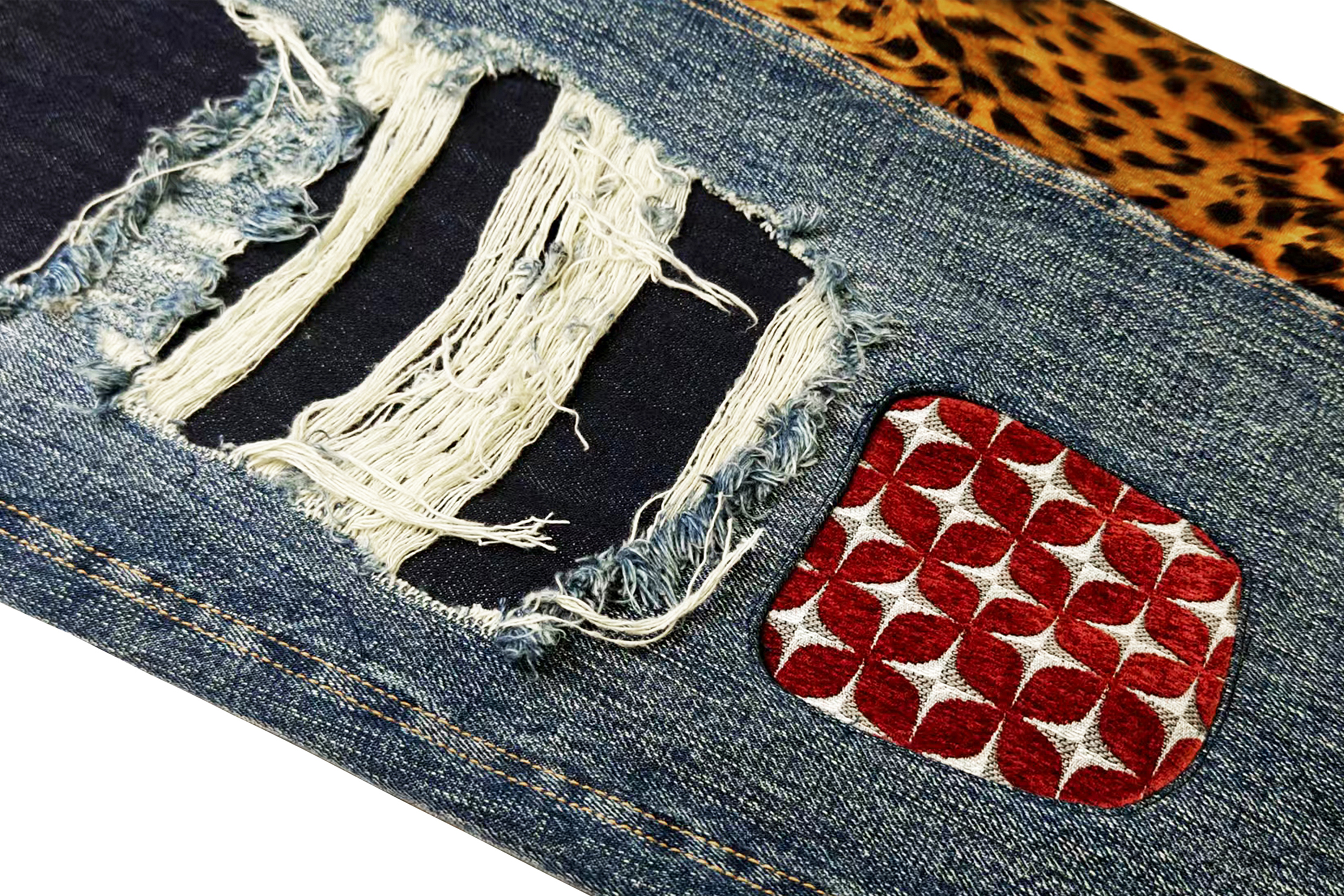 FACEONLAB Distressed Patch Leopard Paneled Jeans, premium urban and streetwear designers apparel on PROJECTISR.com, FACEONLAB