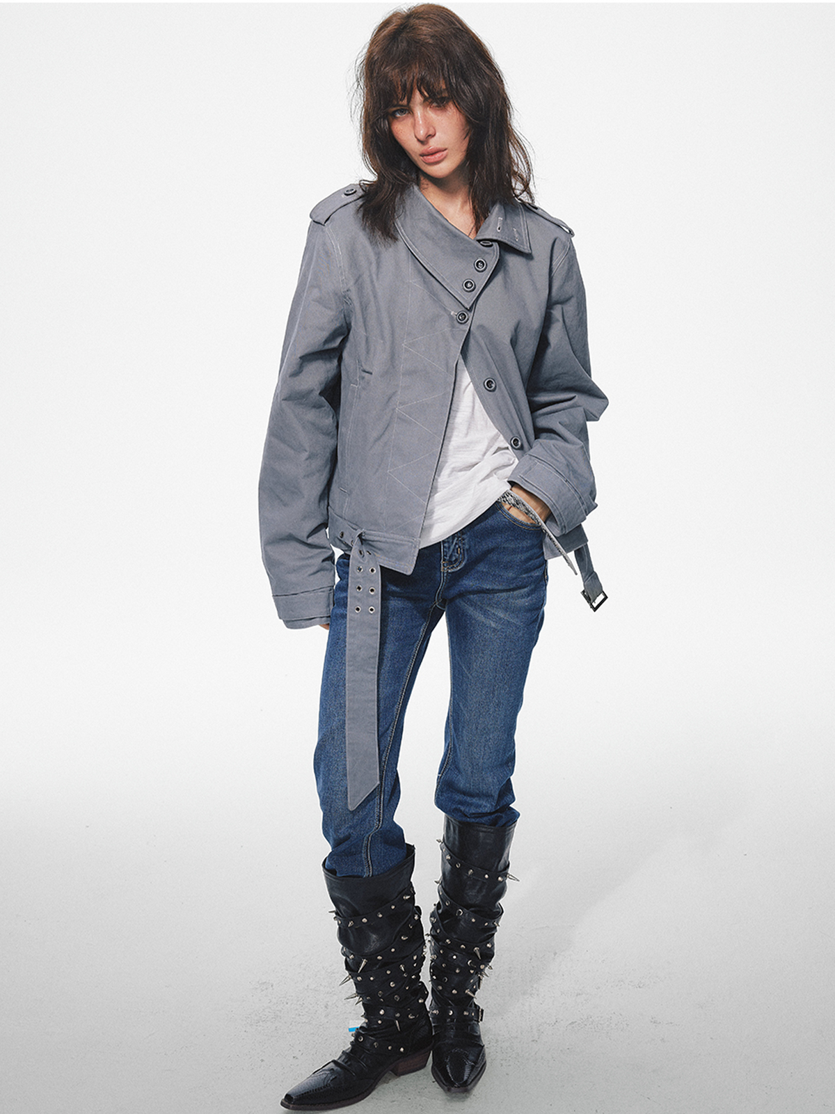 TRECLUB Retro Belted Eyelet Lapel Cotton-Padded Jacket, premium urban and streetwear designers apparel on PROJECTISR.com, TRECLUB