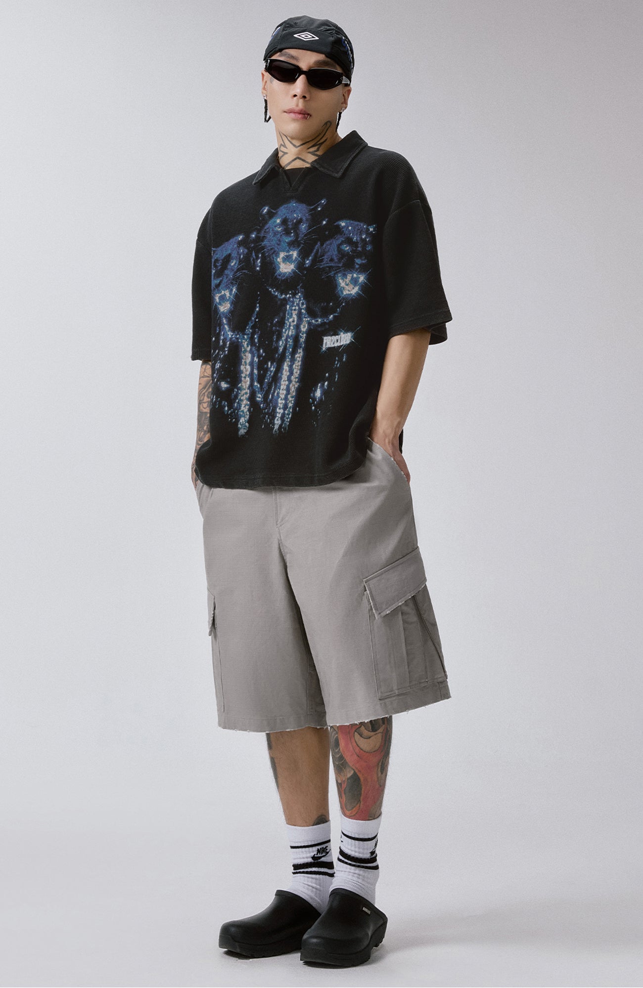 F2CE Distressed Waffle-Knit Graphic Polo, premium urban and streetwear designers apparel on PROJECTISR.com, F2CE