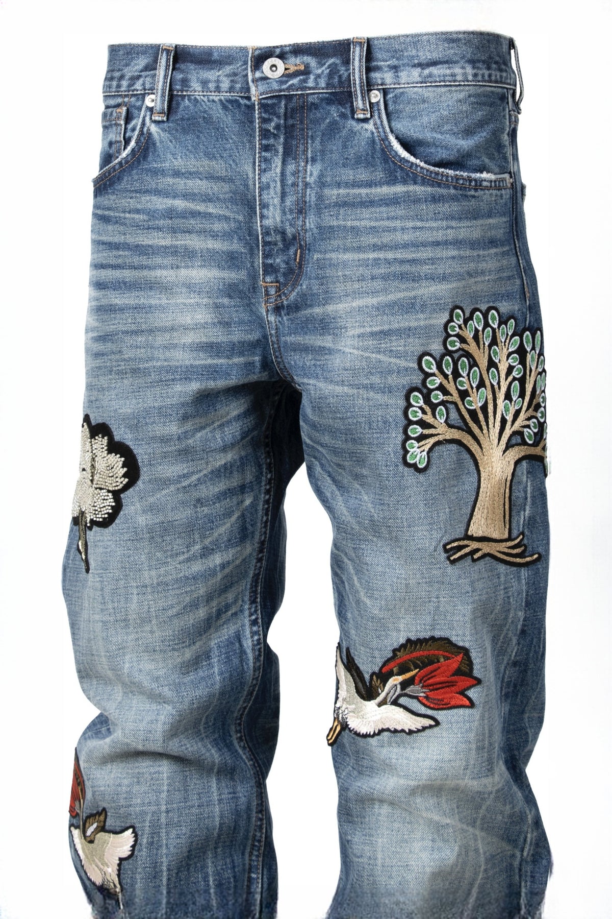 ZWDH Embroidered Washed Crinkled Straight-Leg Jeans — flat-lay detail