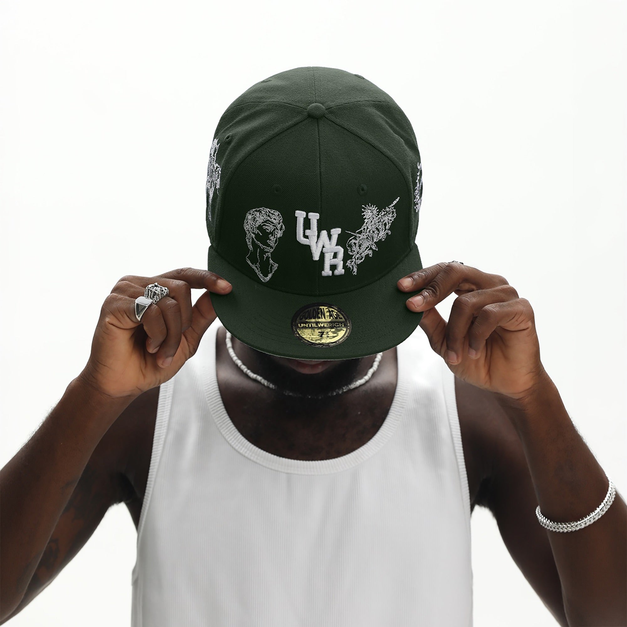 UNTILWERICH Embroidered Flat Brim Fitted Cap