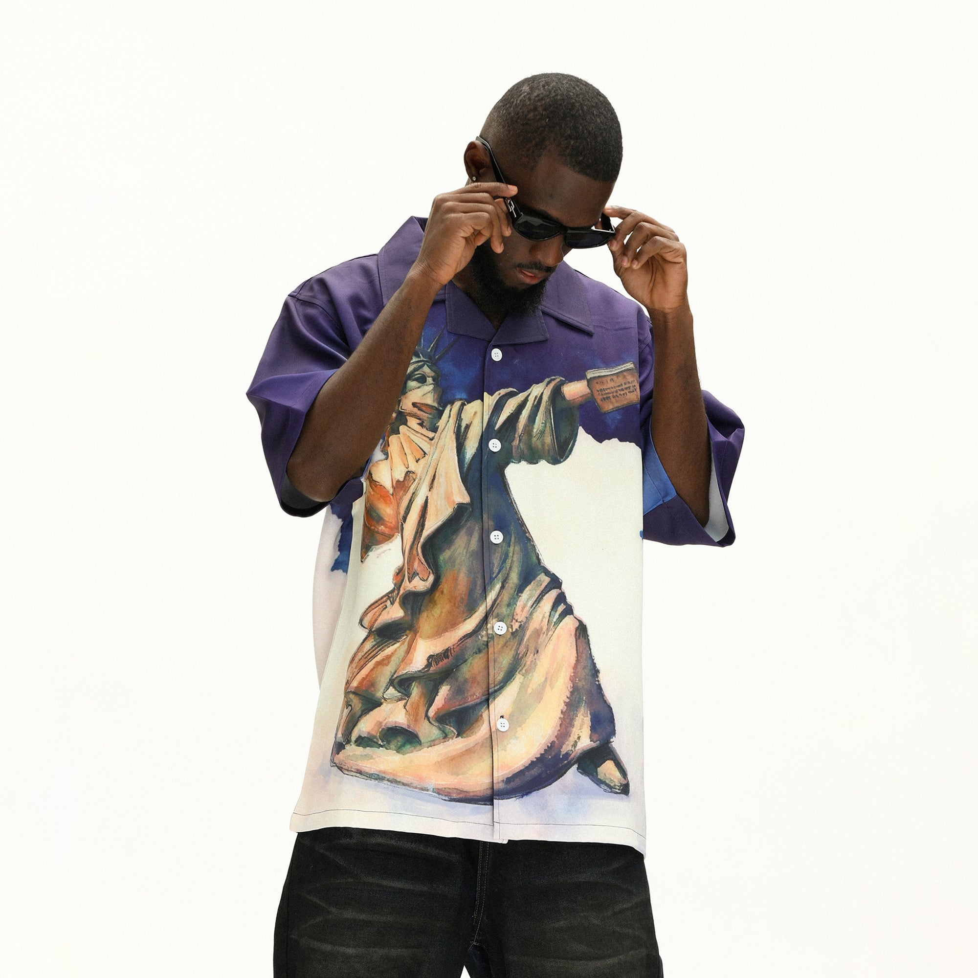 UNTILWERICH Liberty Graphic Cuban Collar Half Shirt