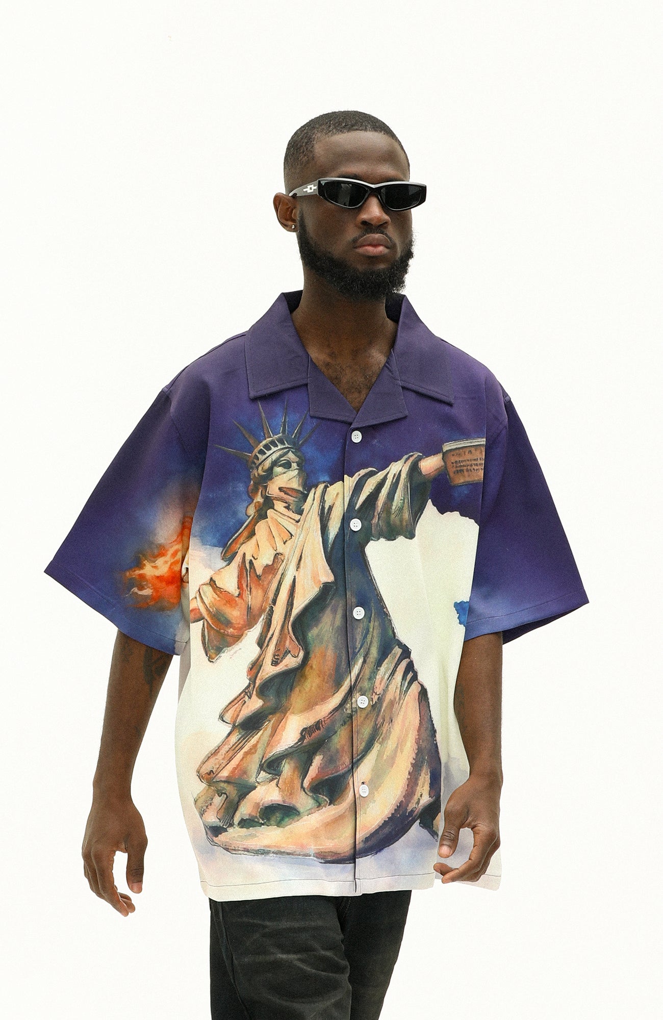 UNTILWERICH Liberty Graphic Cuban Collar Half Shirt
