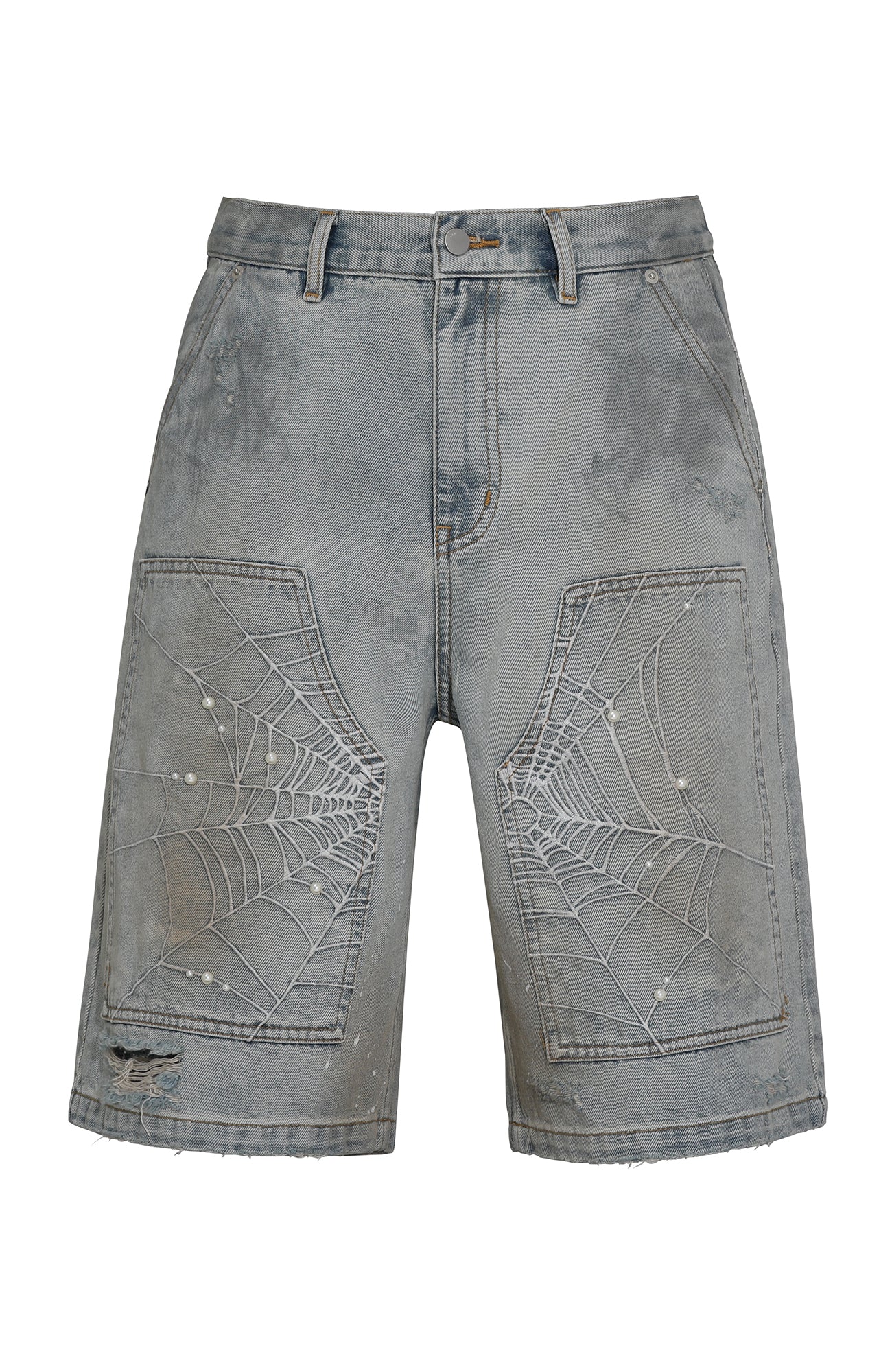UNTILWERICH Spider Web Embroidered Pearl Denim Shorts