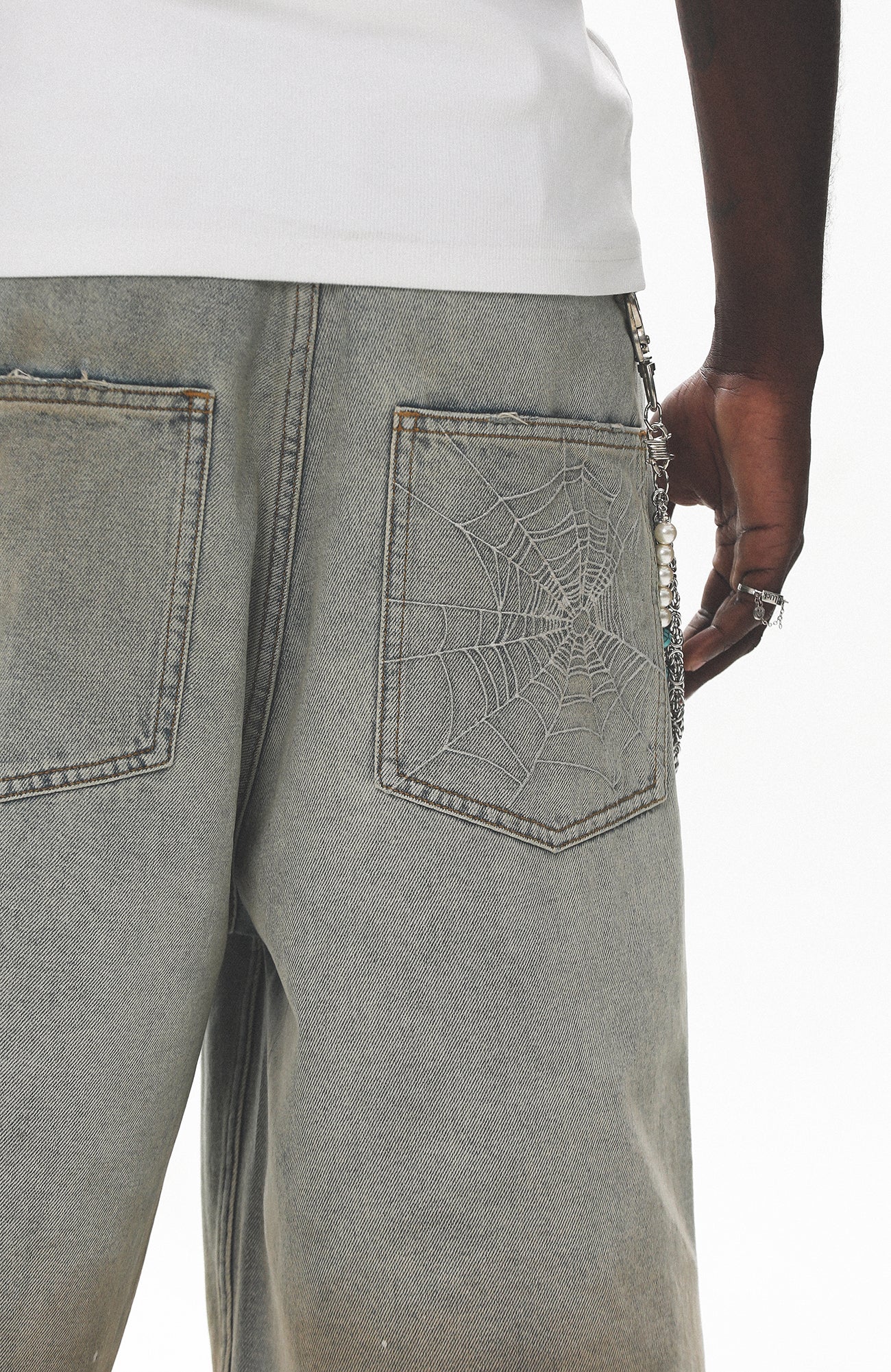 UNTILWERICH Spider Web Embroidered Pearl Denim Shorts