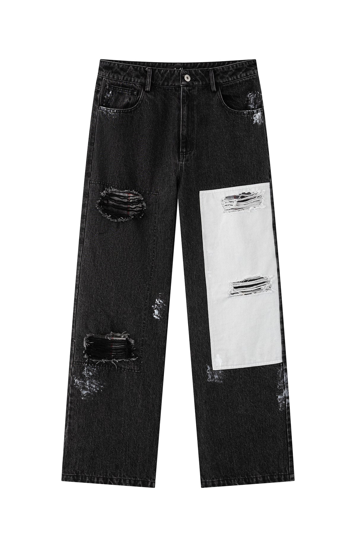 2000RSK Paint-Splattered Washed Distressed Spliced Straight-Leg Jeans